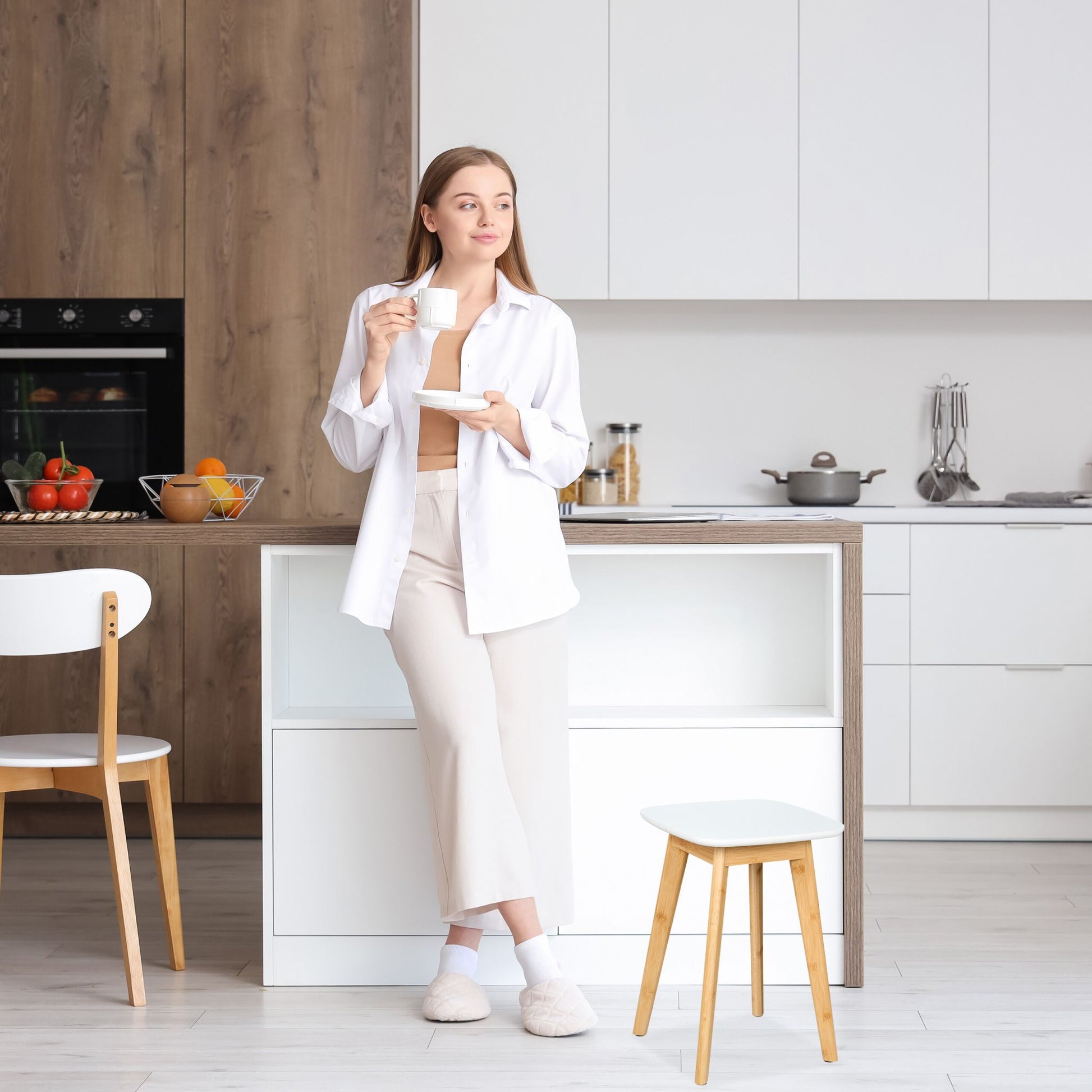 Esszimmerhocker Bambus Weiss-Hellbraun von Relaxdays