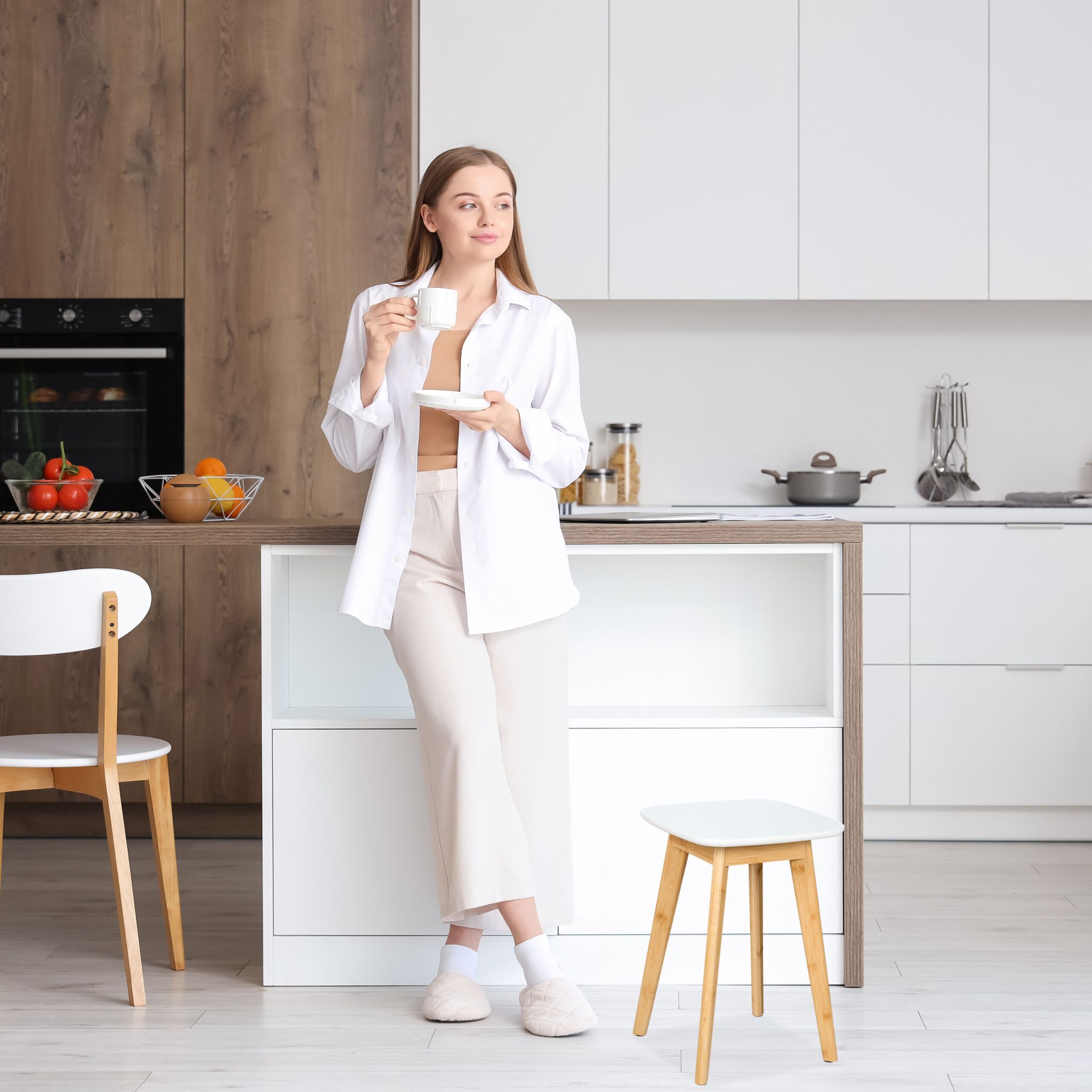 Esszimmerhocker Bambus Weiss-Hellbraun von Relaxdays