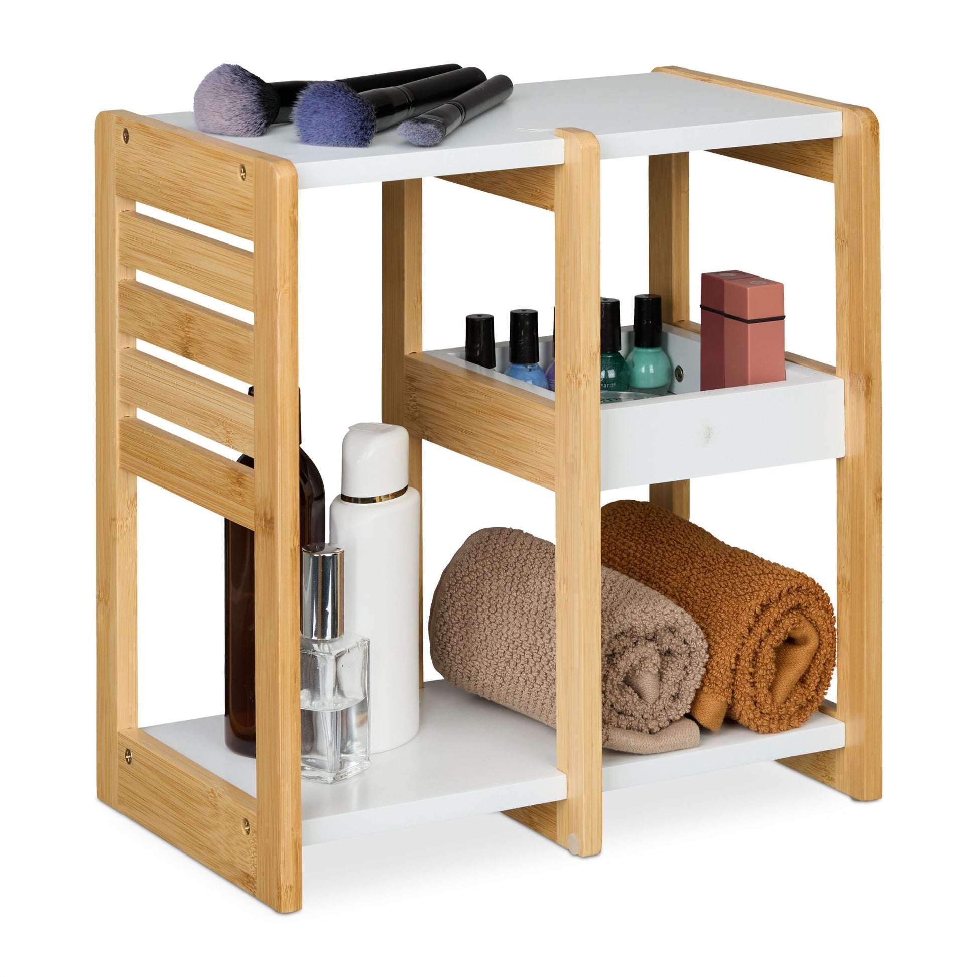 Badregal Bambus 3 Ablagen Weiss-Hellbraun von Relaxdays