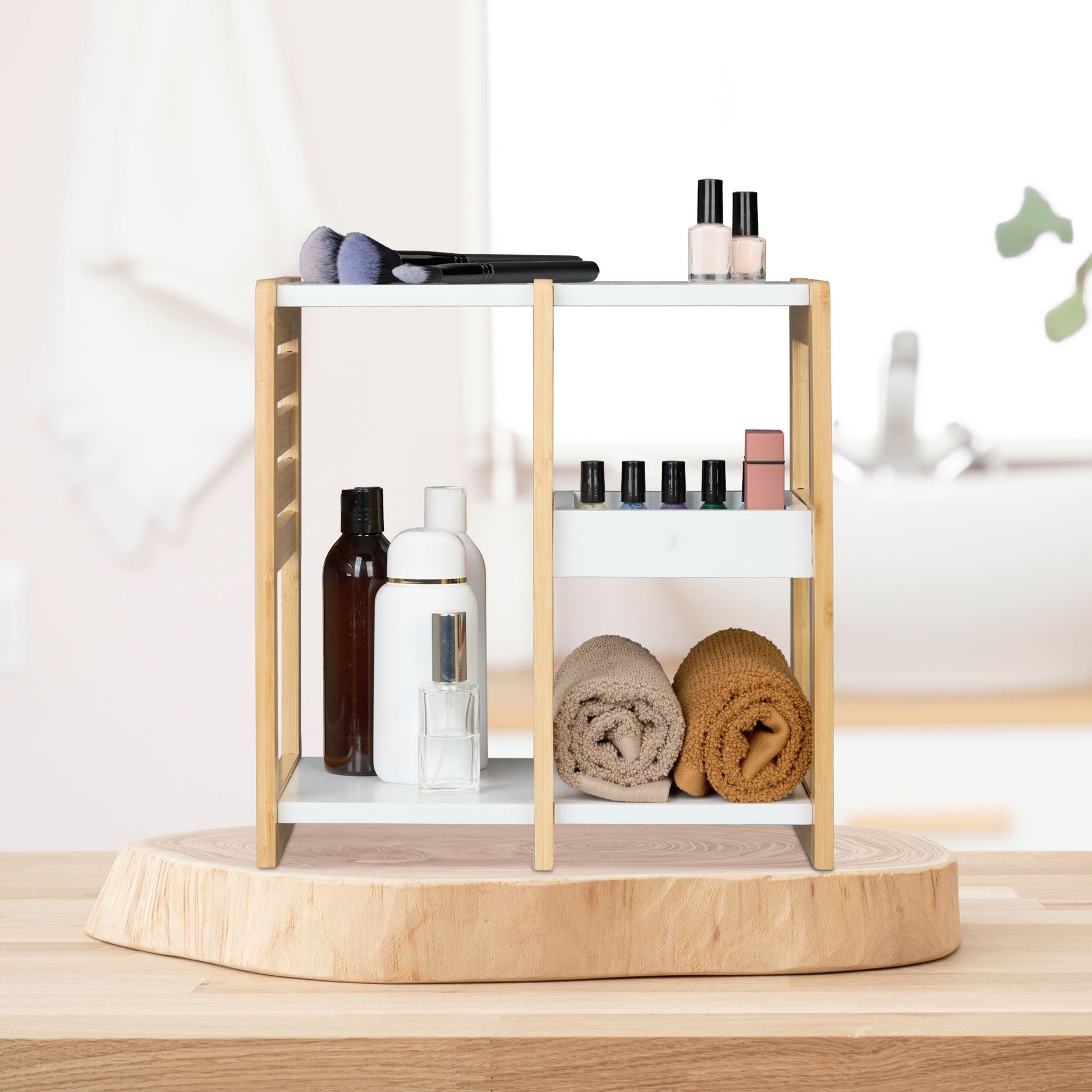 Badregal Bambus 3 Ablagen Weiss-Hellbraun von Relaxdays