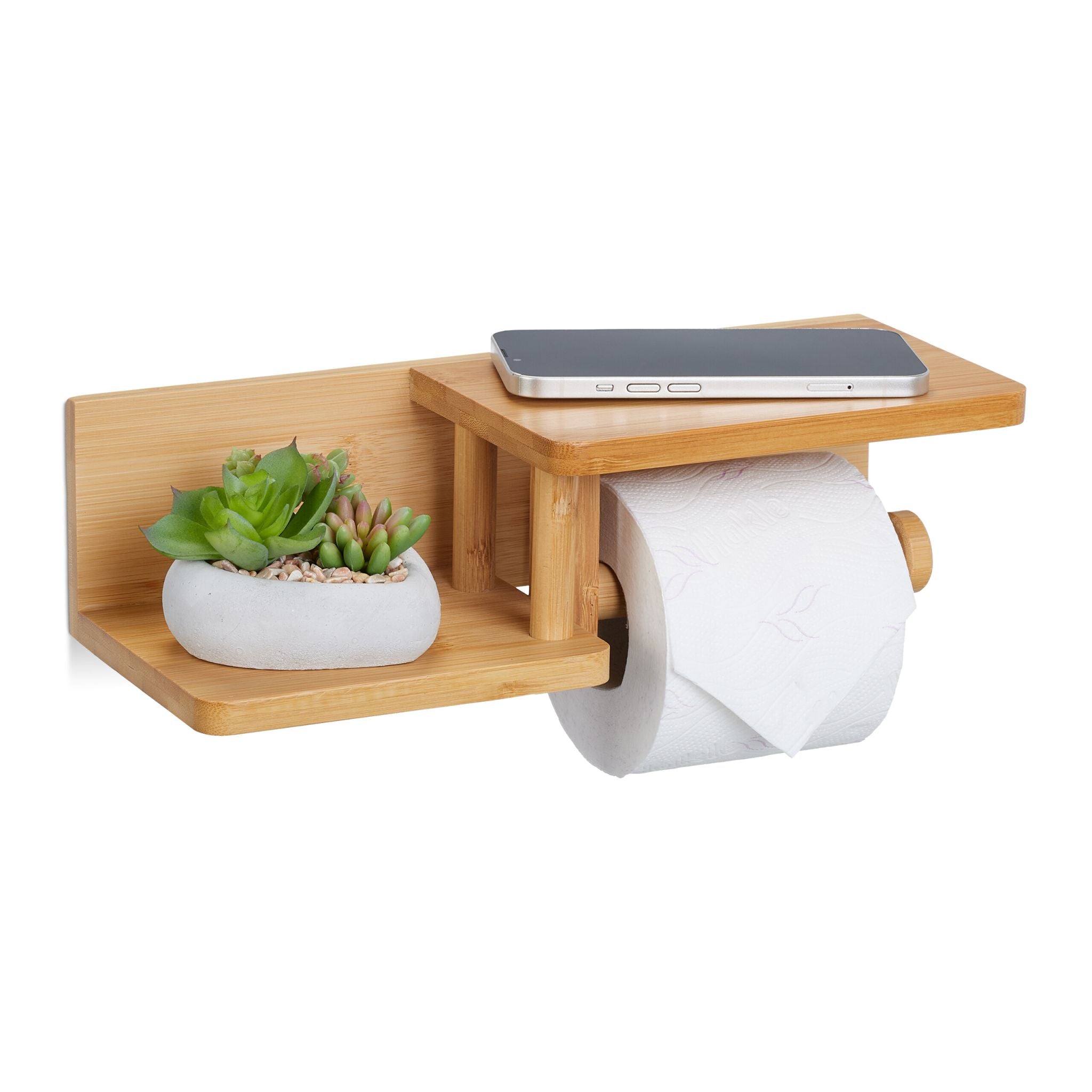 Bambus Toilettenpapierhalter 2 Ablagen Hellbraun von Relaxdays