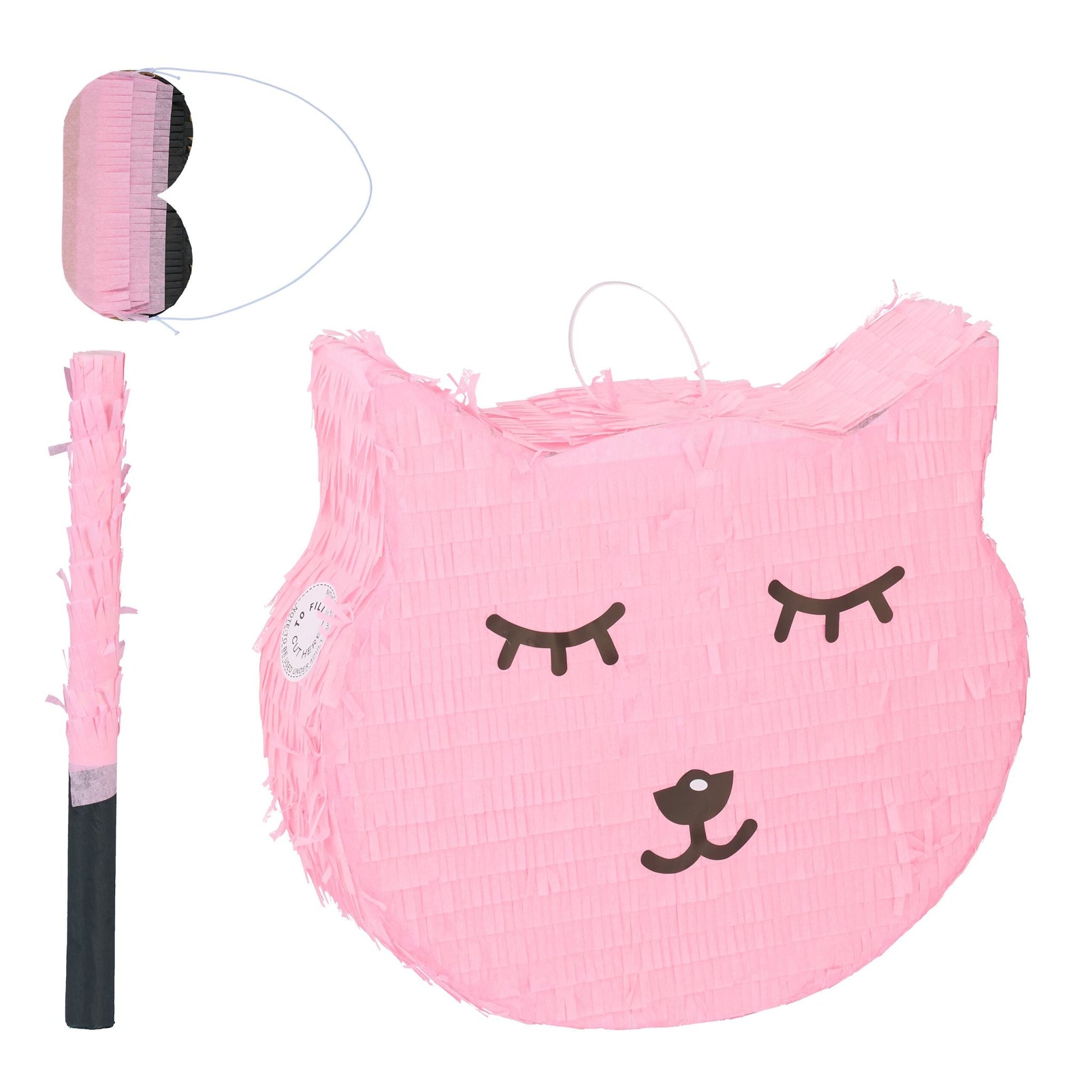 Pinata Katze mit Stab und Maske Rosa-Schwarz von Relaxdays