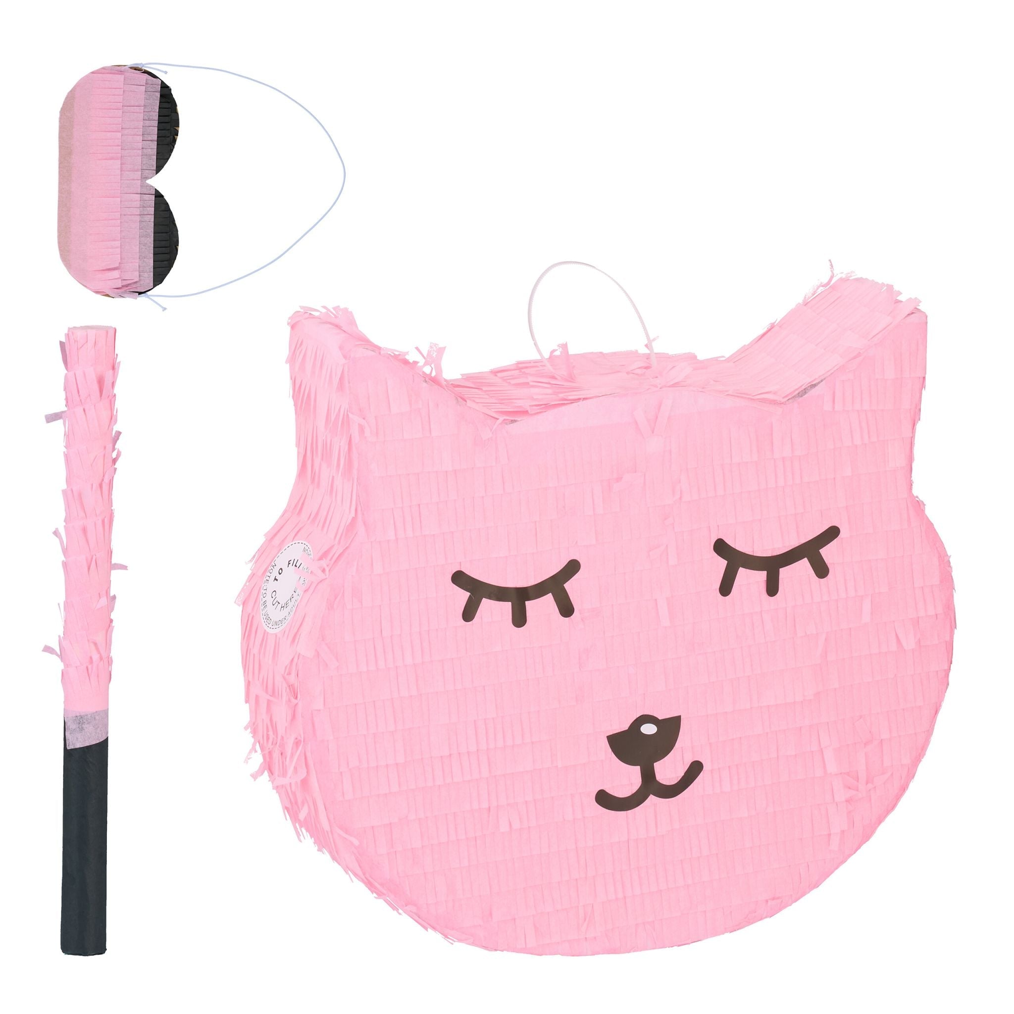 Pinata Katze mit Stab und Maske Rosa-Schwarz von Relaxdays