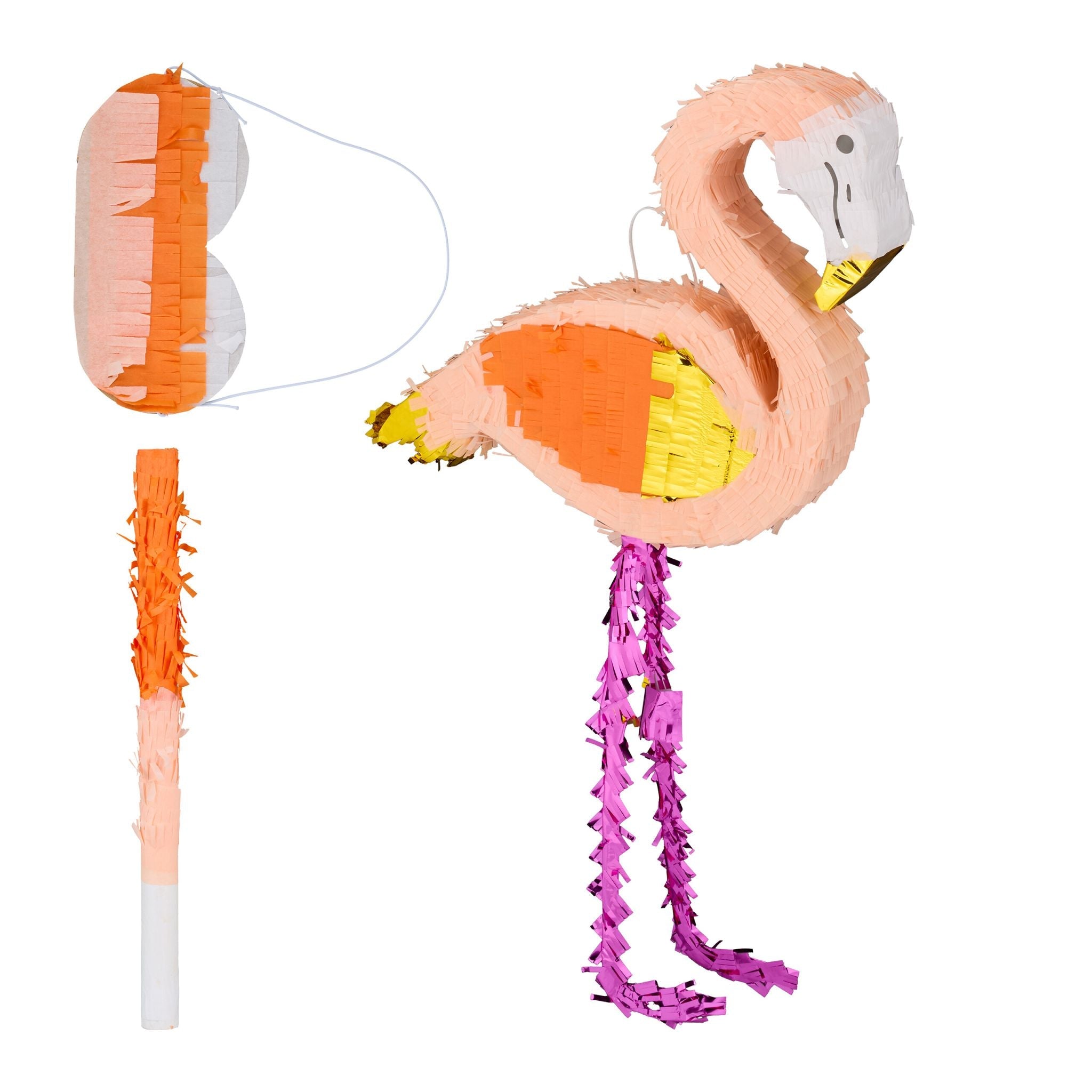 Pinata Flamingo mit Stab und Maske Gold-Orange-Pink von Relaxdays