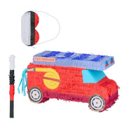Pinata Feuerwehrauto mit Stab und Maske Blau-Rot-Schwarz von Relaxdays
