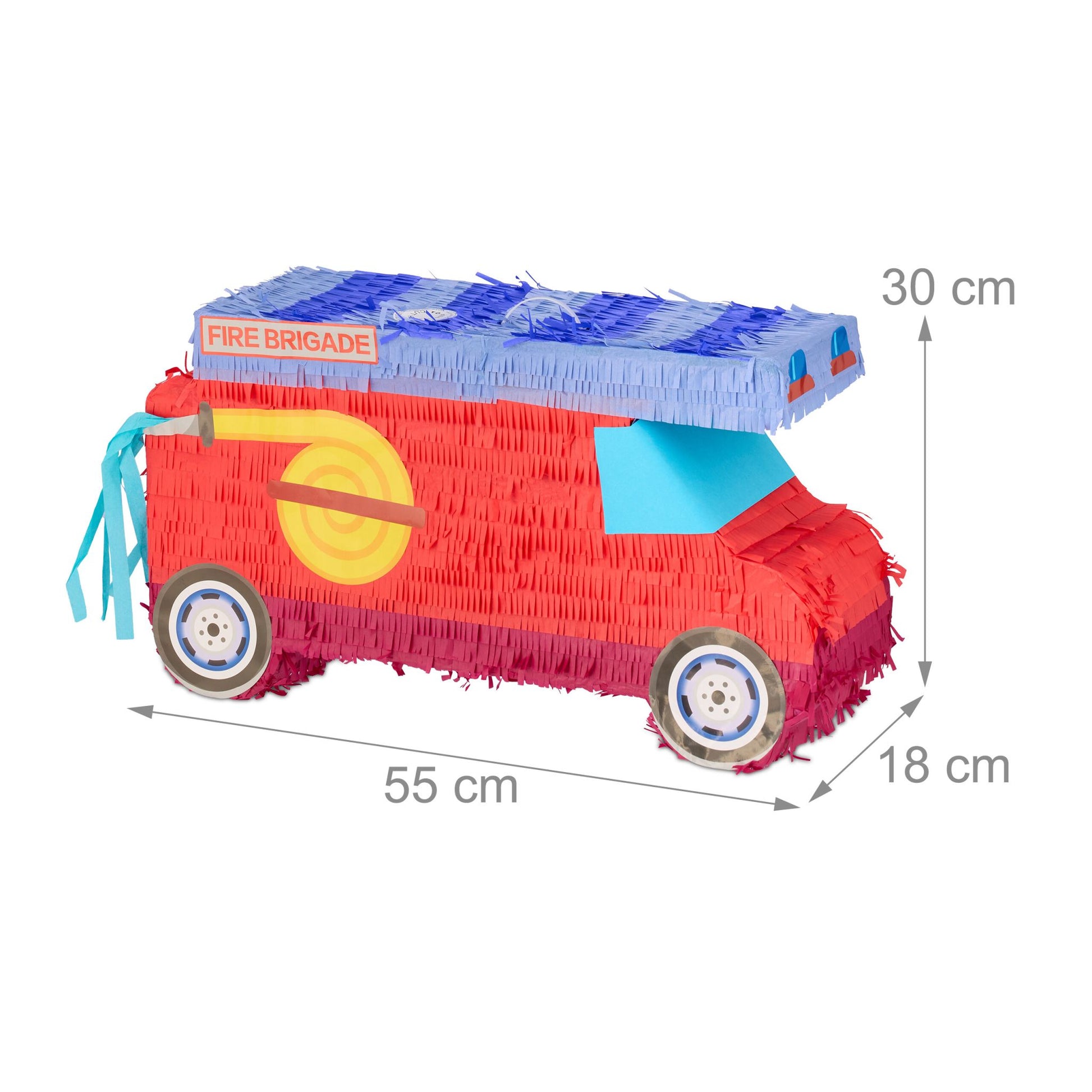 Pinata Feuerwehrauto mit Stab und Maske Blau-Rot-Schwarz von Relaxdays