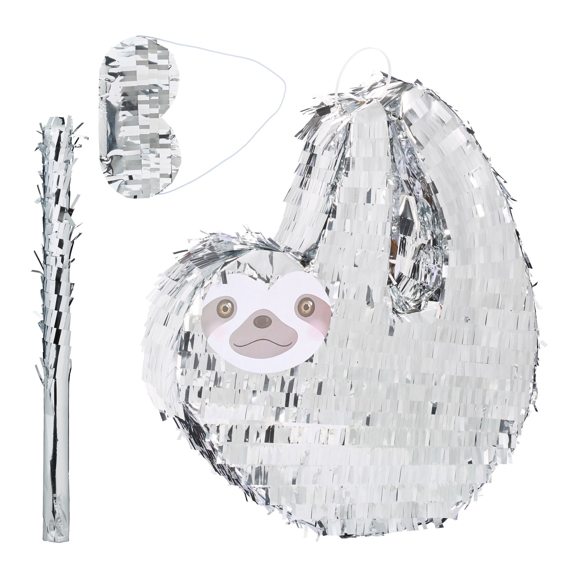 Pinata Faultier mit Stab und Maske Silber-Grau von Relaxdays