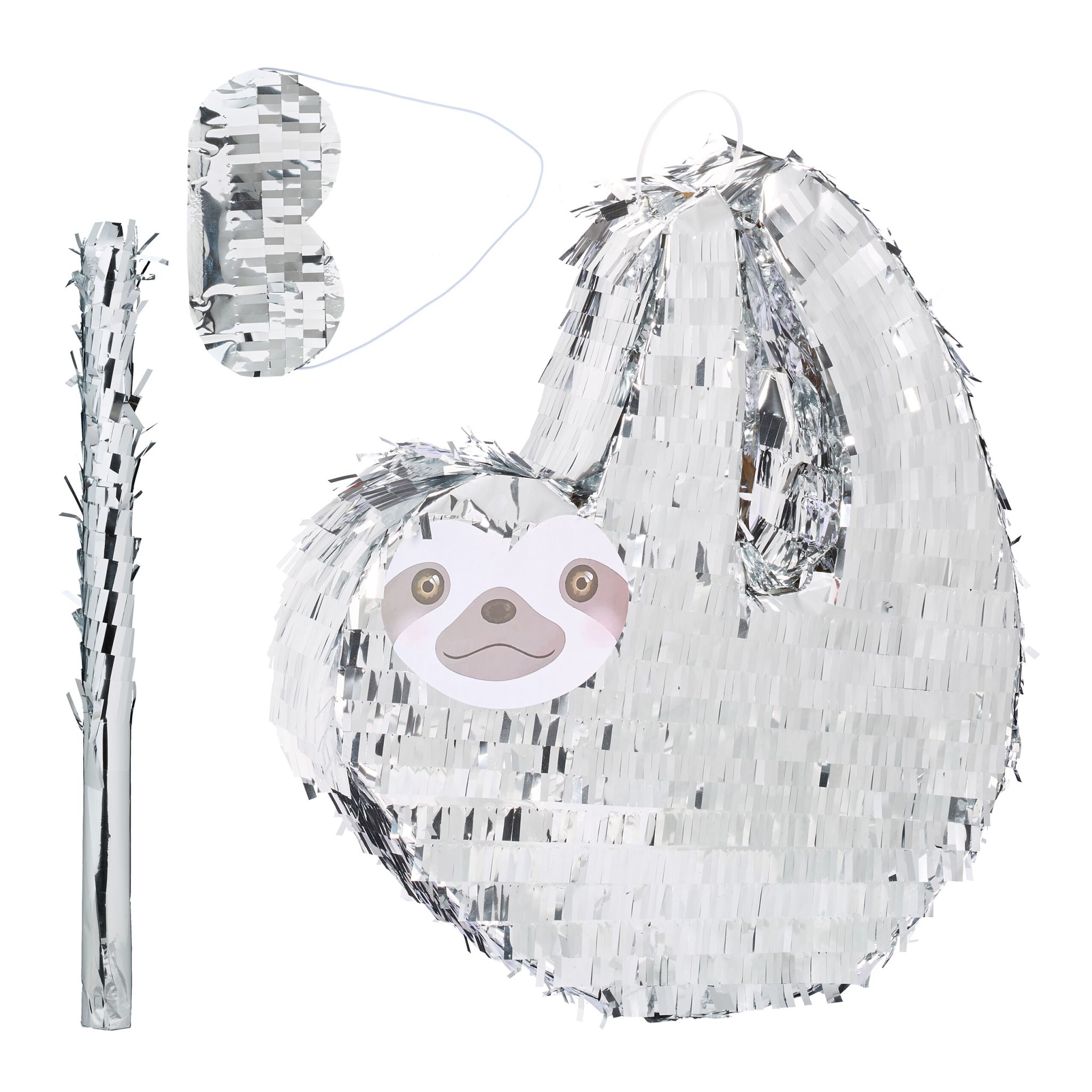 Pinata Faultier mit Stab und Maske Silber-Grau von Relaxdays