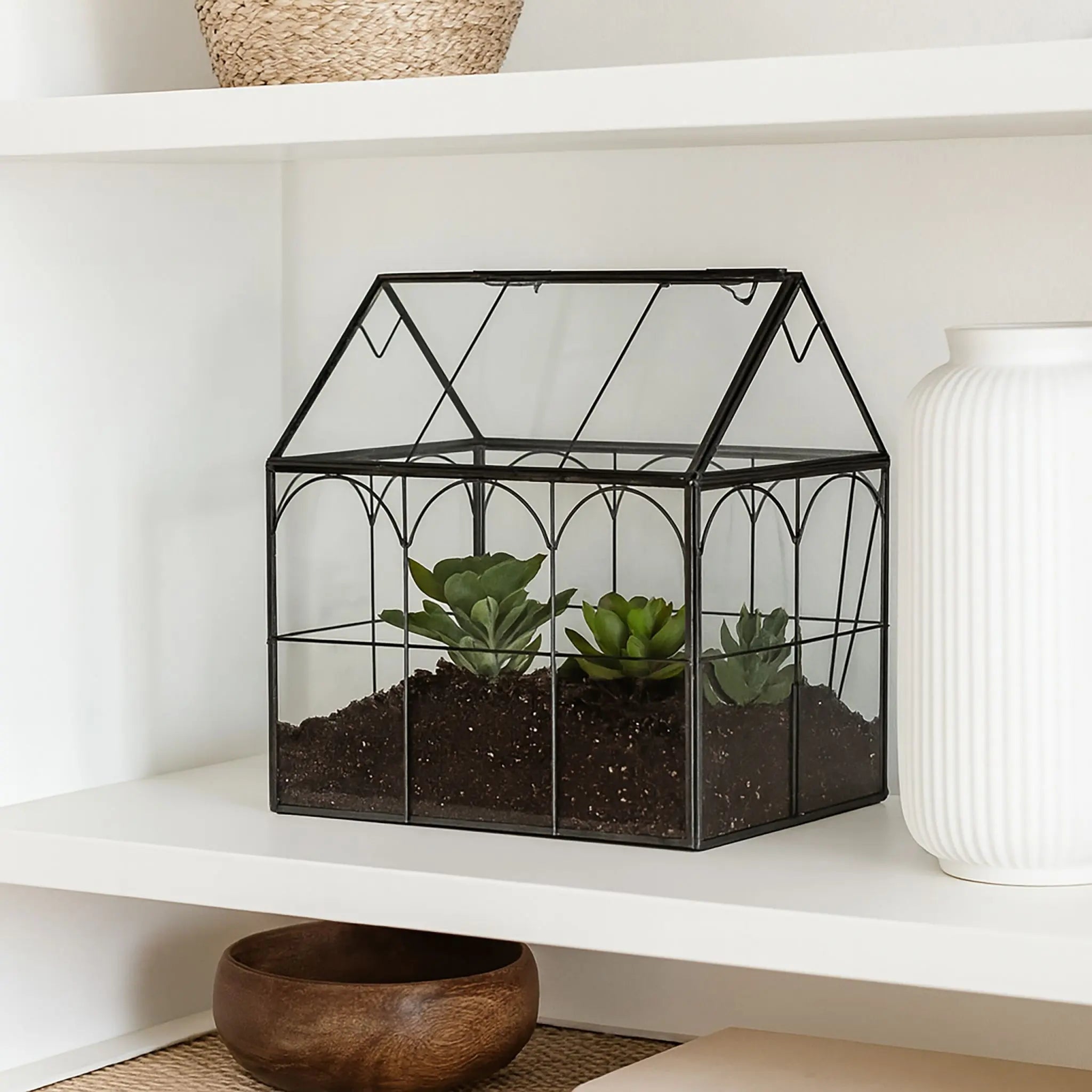 Pflanzenterrarium Glas Hausform Schwarz-Transparent von Relaxdays
