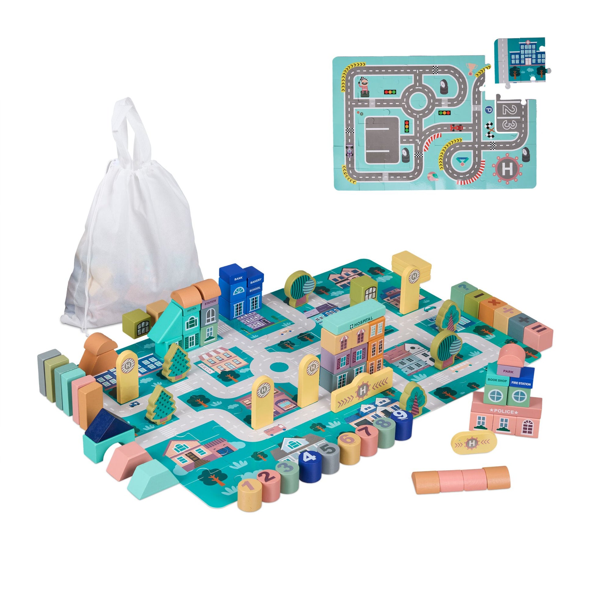 Holzbausteine Stadt Set Blau-Rosa-Grau von Relaxdays