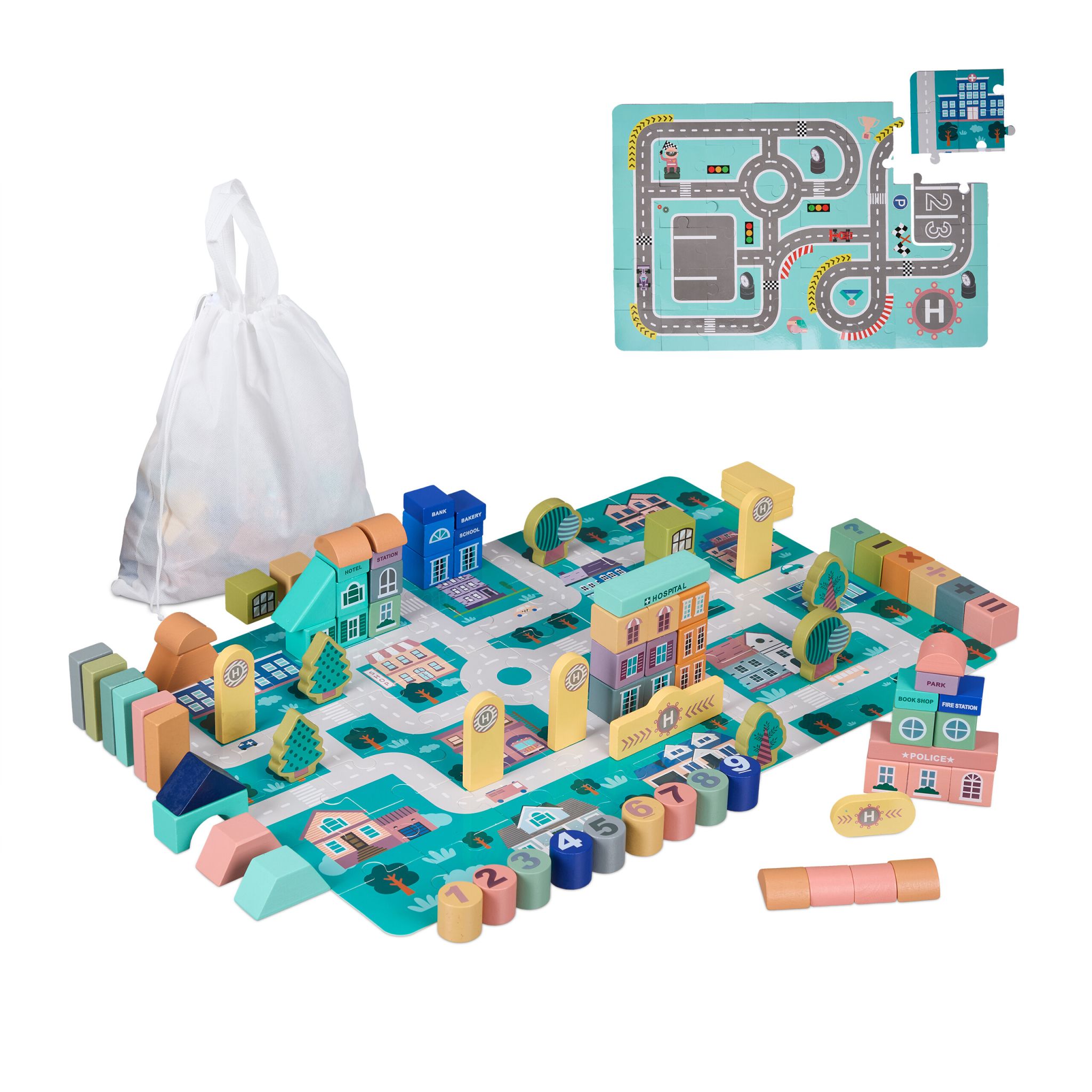 Holzbausteine Stadt Set Blau-Rosa-Grau von Relaxdays
