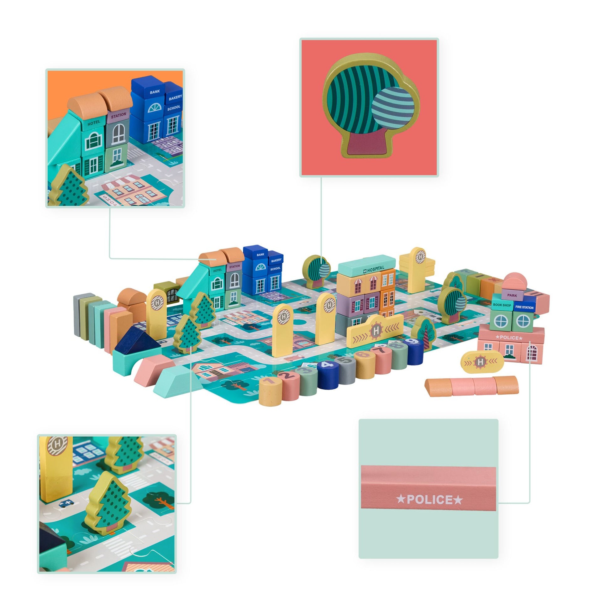 Holzbausteine Stadt Set Blau-Rosa-Grau von Relaxdays