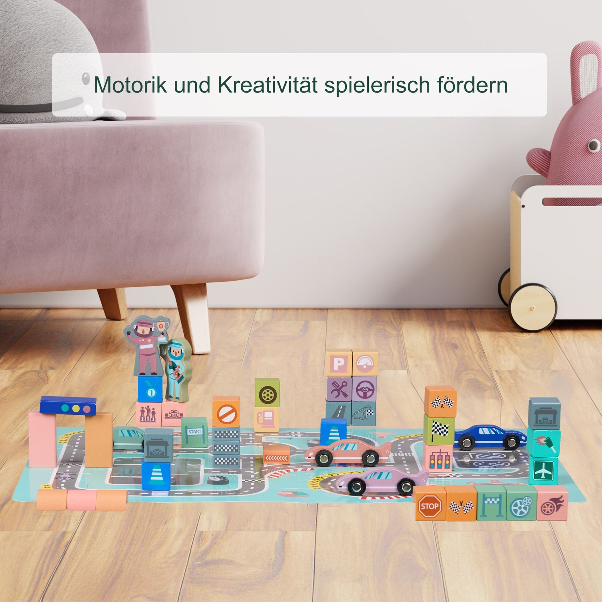Holzbausteine Stadt Set Blau-Rosa-Grau von Relaxdays