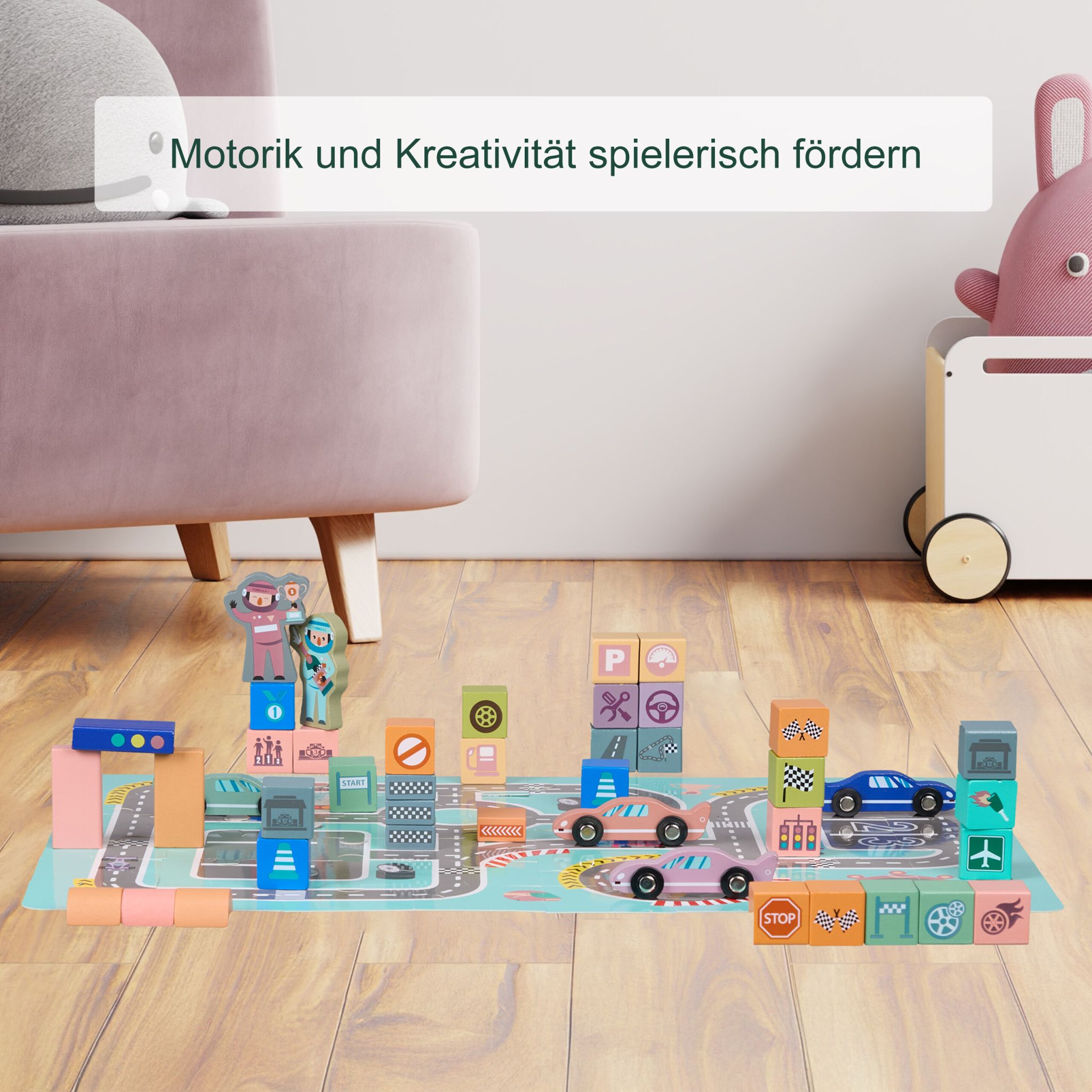Holzbausteine Stadt Set Blau-Rosa-Grau von Relaxdays