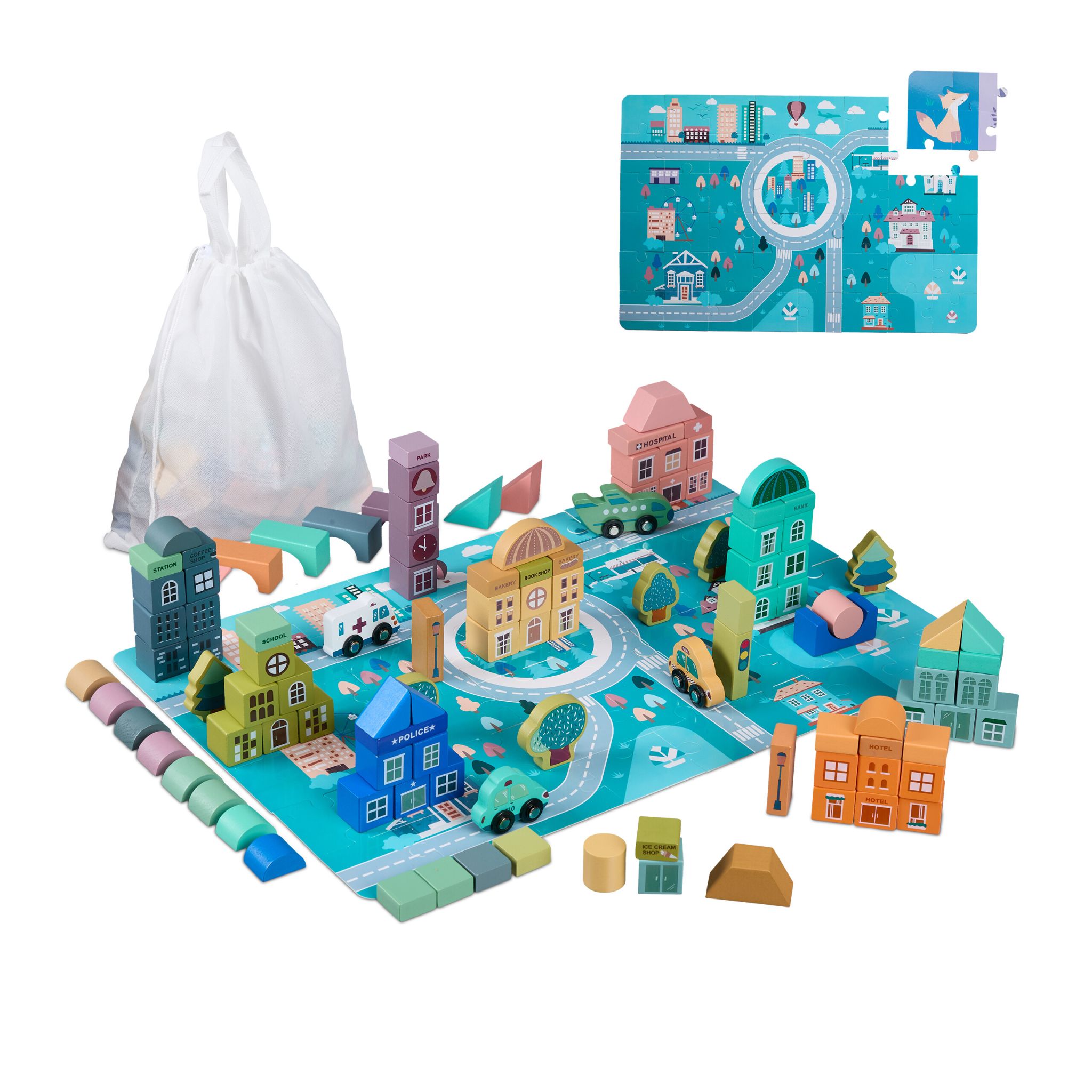 Holzbausteine Stadt Set Blau-Rosa-Türkis von Relaxdays
