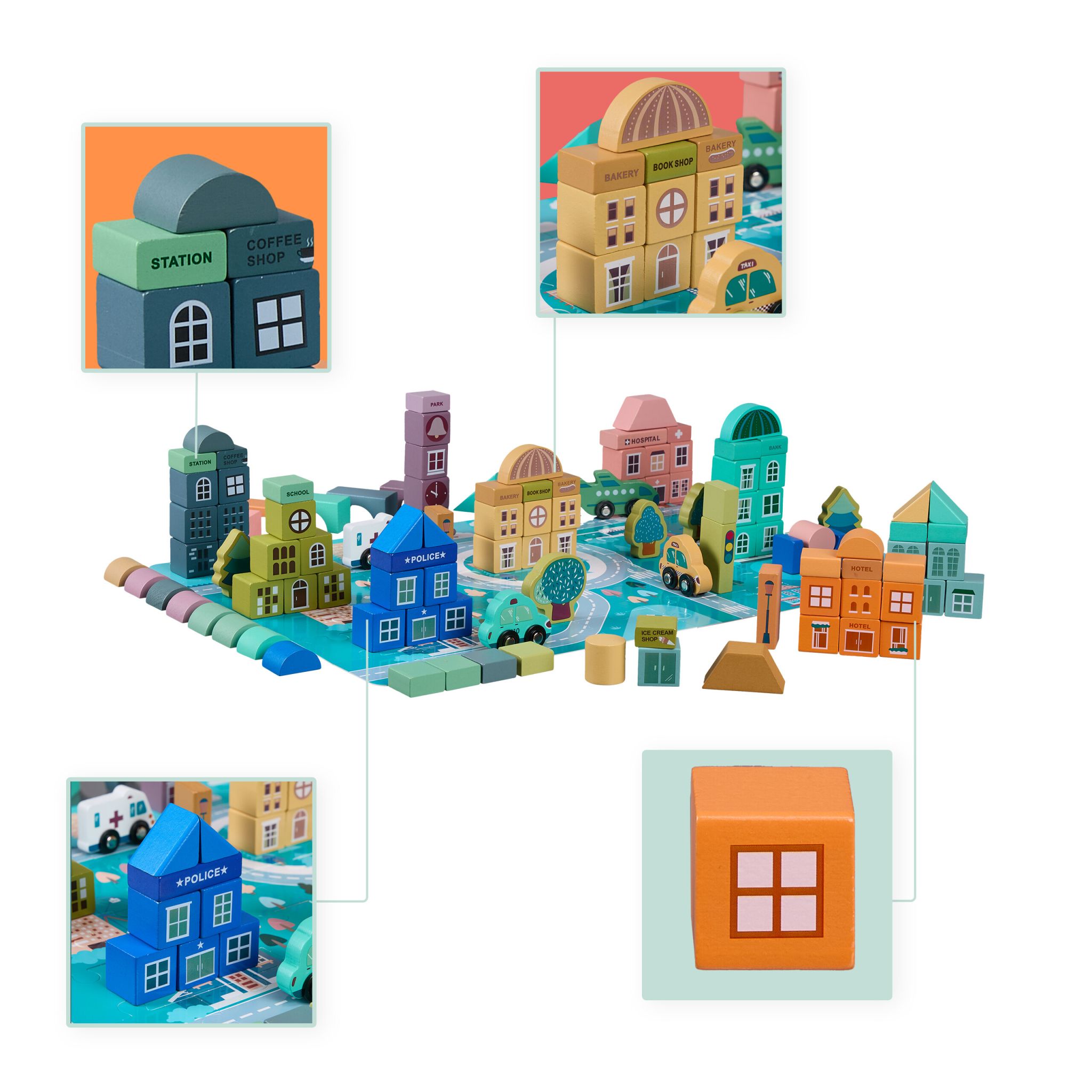 Holzbausteine Stadt Set Blau-Rosa-Türkis von Relaxdays