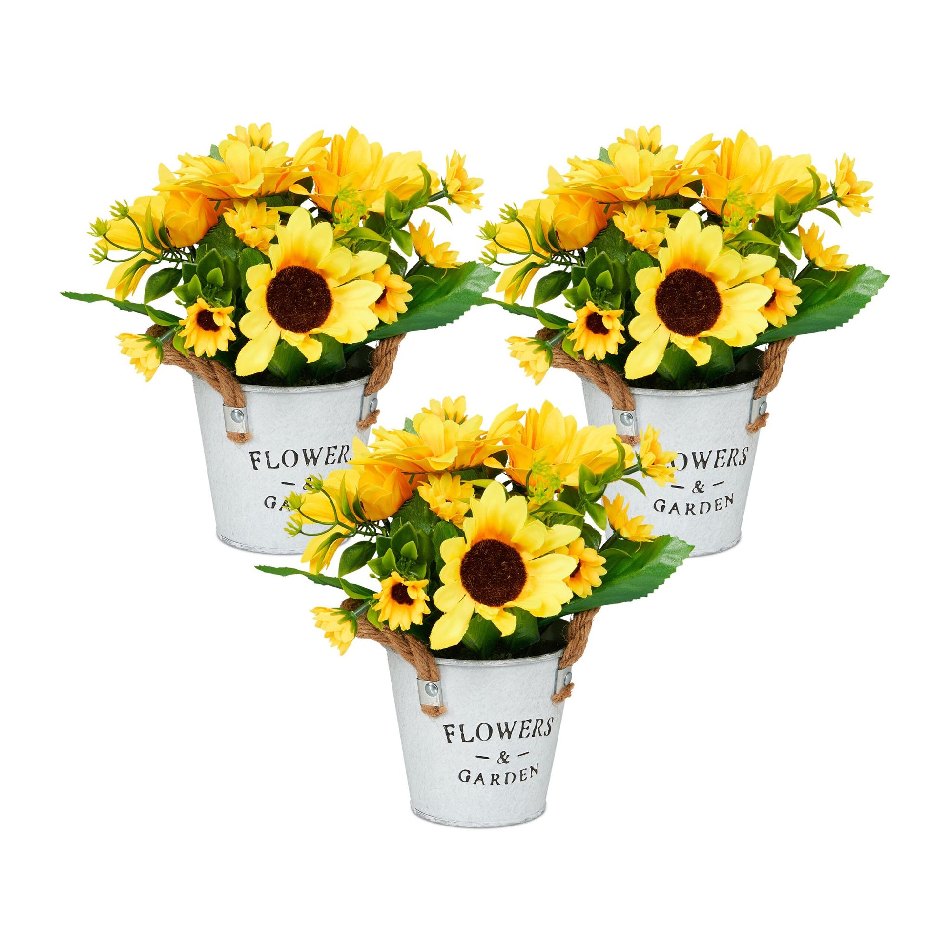 Künstliche Sonnenblumen 3er-Set Weiss-Gelb-Grün von Relaxdays