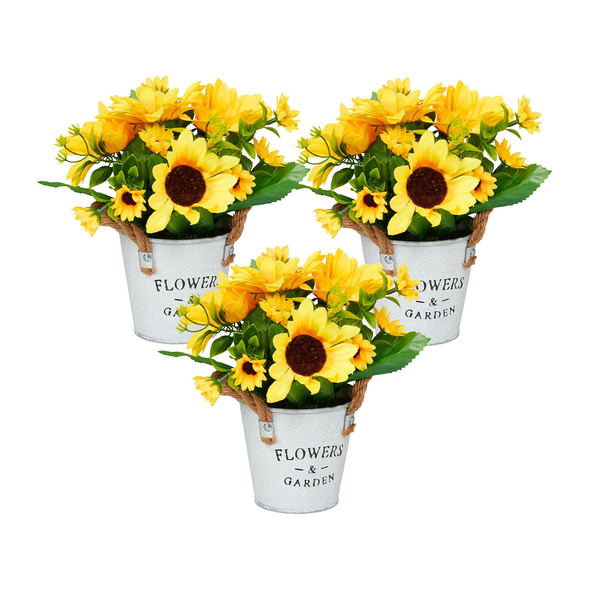 Künstliche Sonnenblumen 3er-Set Weiss-Gelb-Grün von Relaxdays