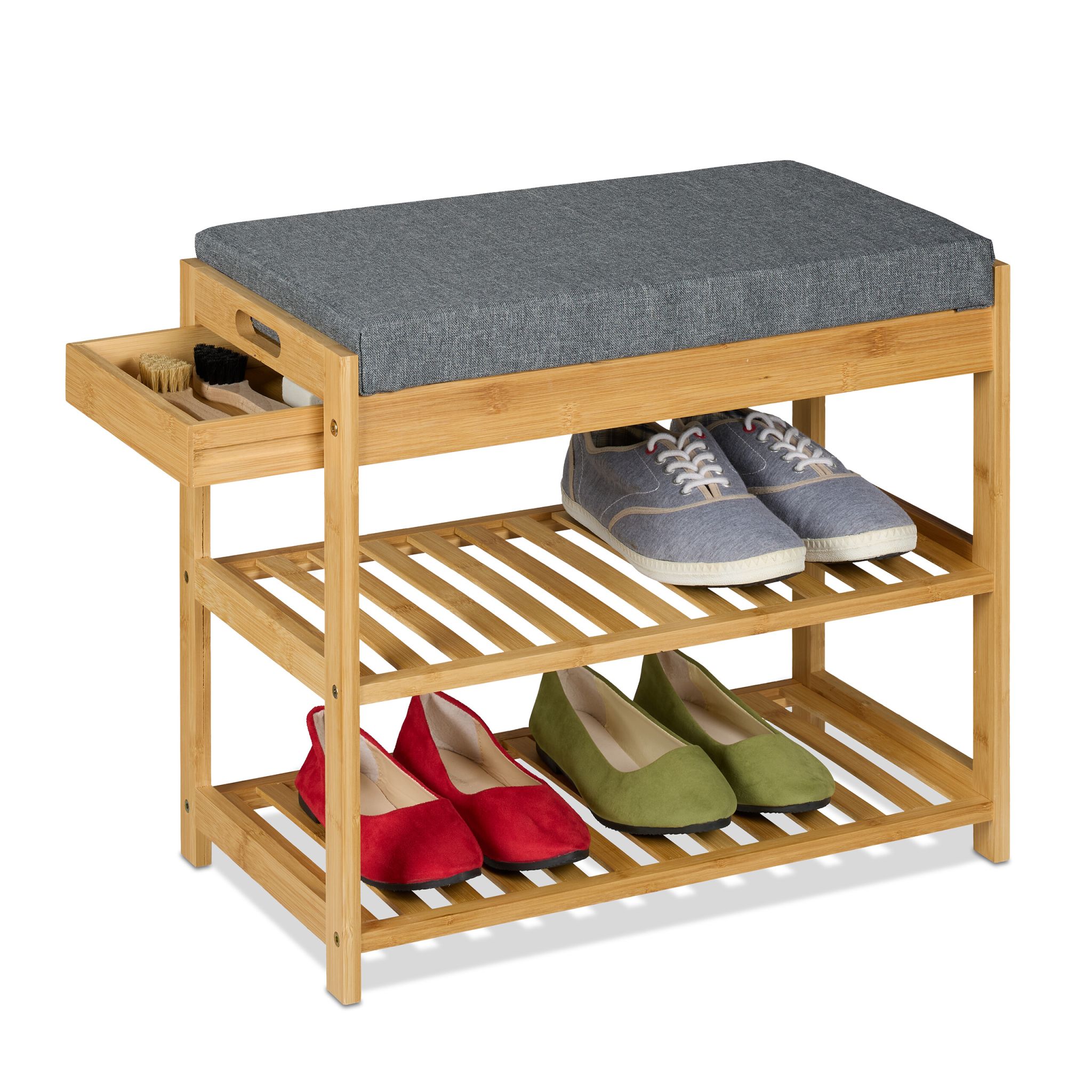 Schuhbank mit Polster und Schublade Hellbraun-Grau von Relaxdays