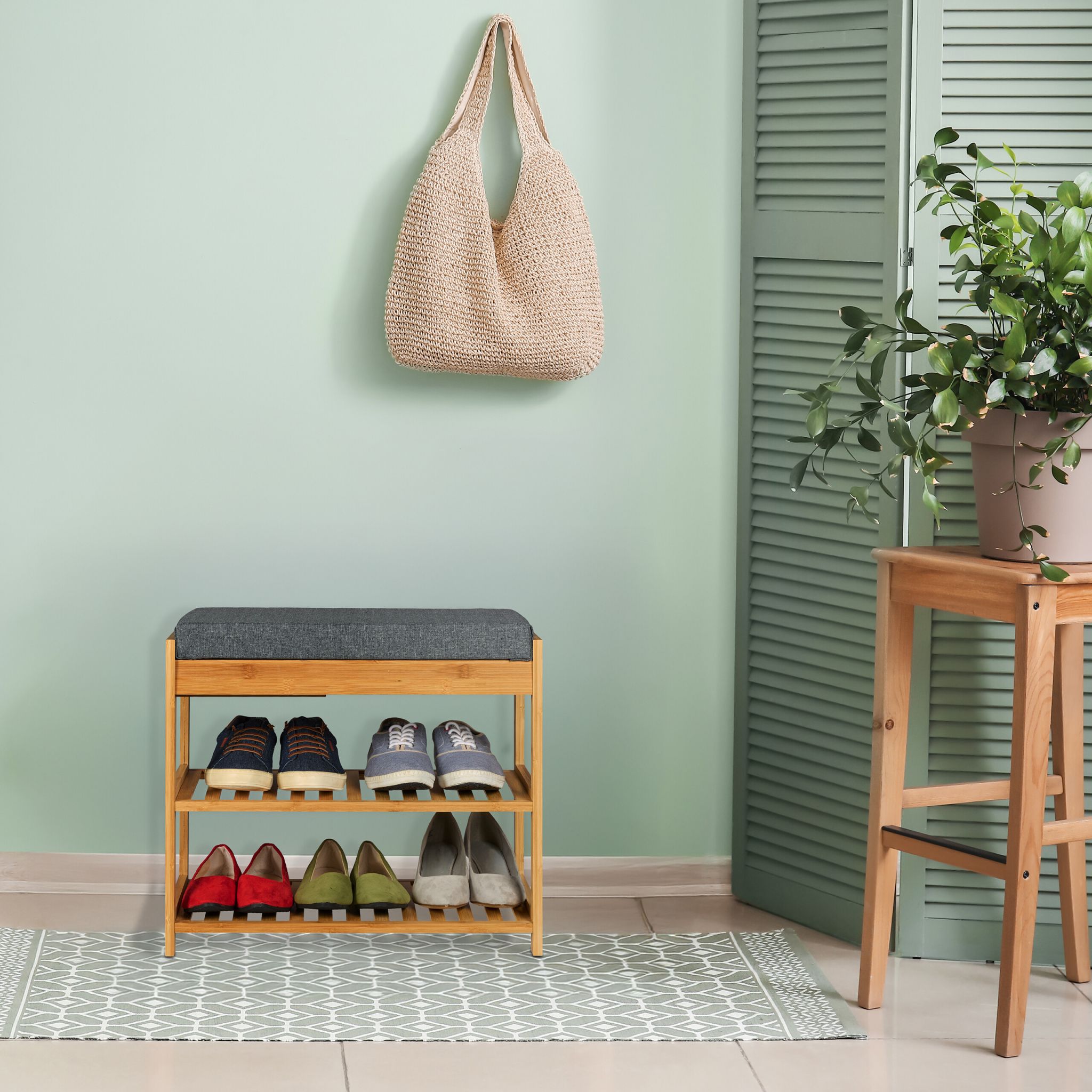 Schuhbank mit Polster und Schublade Hellbraun-Grau von Relaxdays