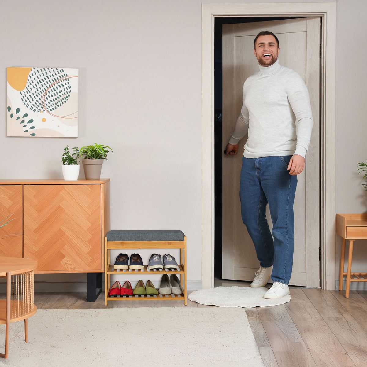 Schuhbank mit Polster und Schublade Hellbraun-Grau von Relaxdays