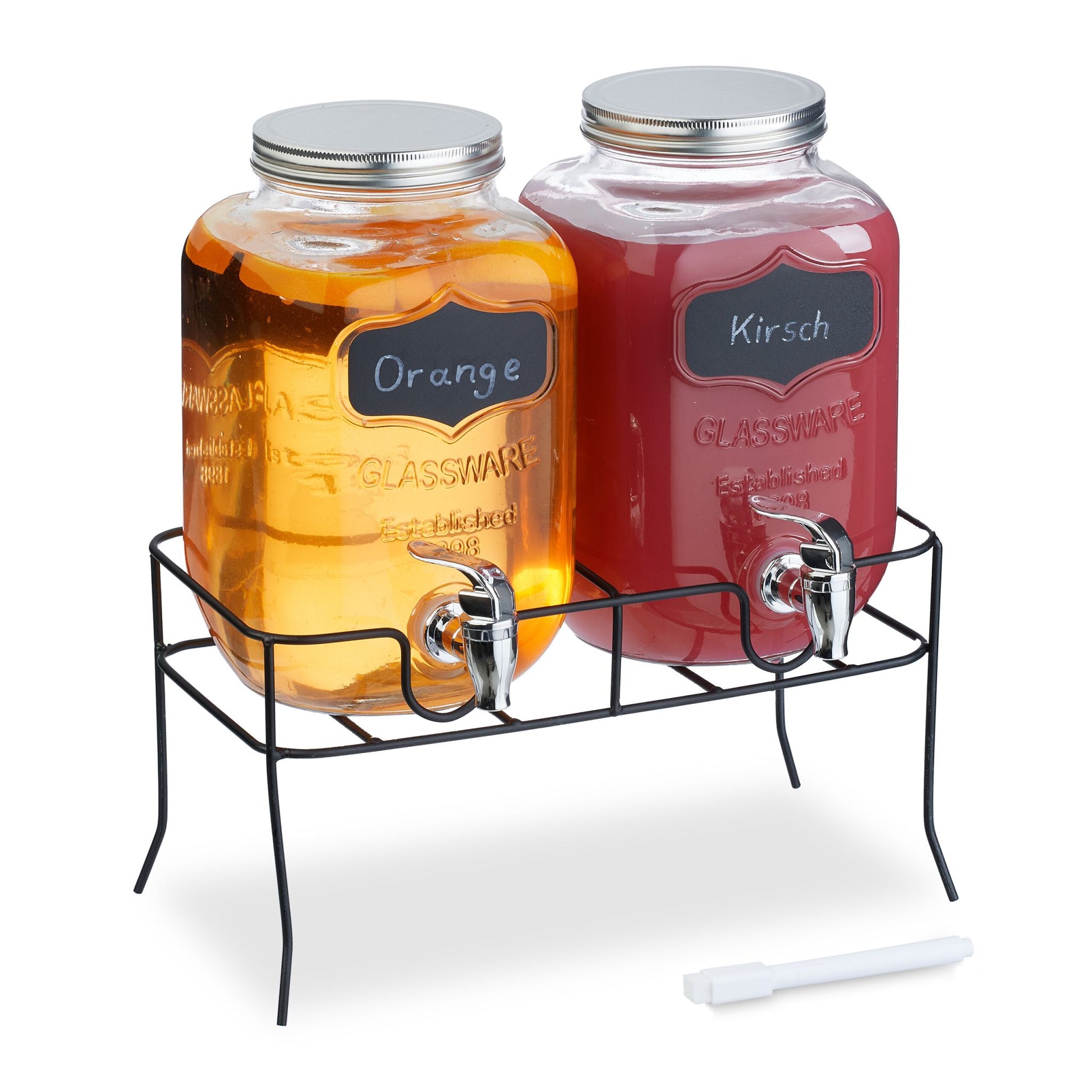 Getränkespender mit Ständer 4L 2er-Set Schwarz-Silber-Transparent von Relaxdays