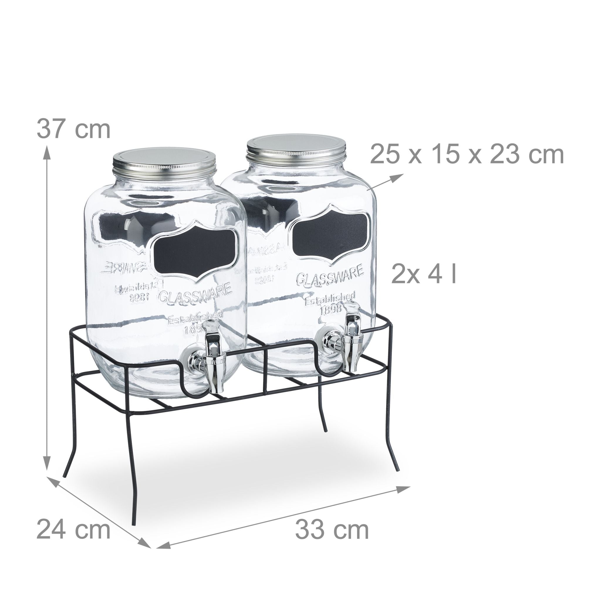 Getränkespender mit Ständer 4L 2er-Set Schwarz-Silber-Transparent von Relaxdays