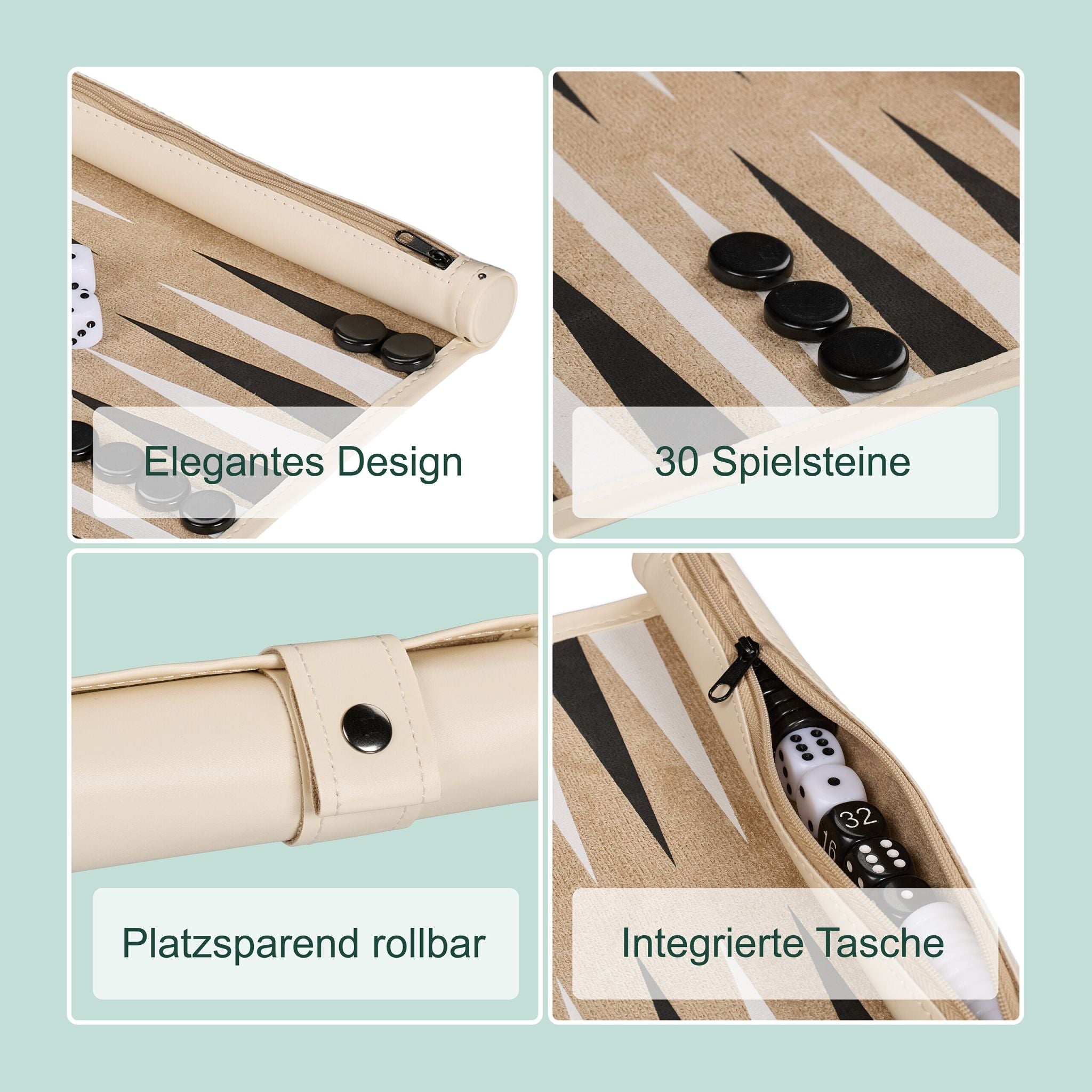 Backgammon zum Aufrollen Beige-Weiss-Schwarz