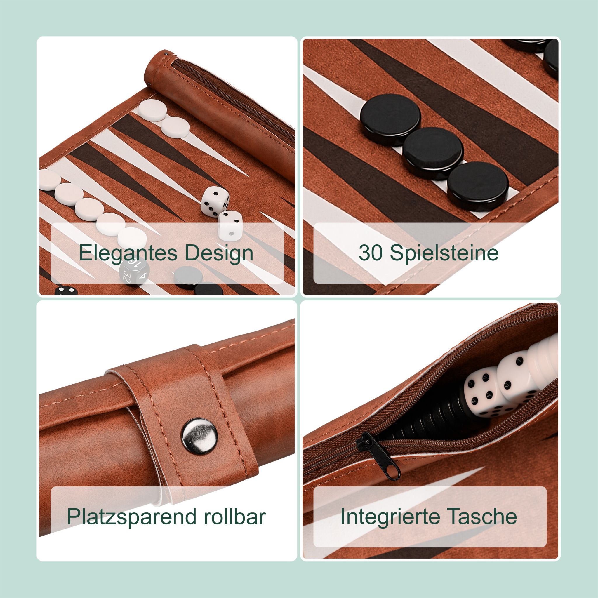 Backgammon zum Aufrollen Weiss-Braun-Schwarz