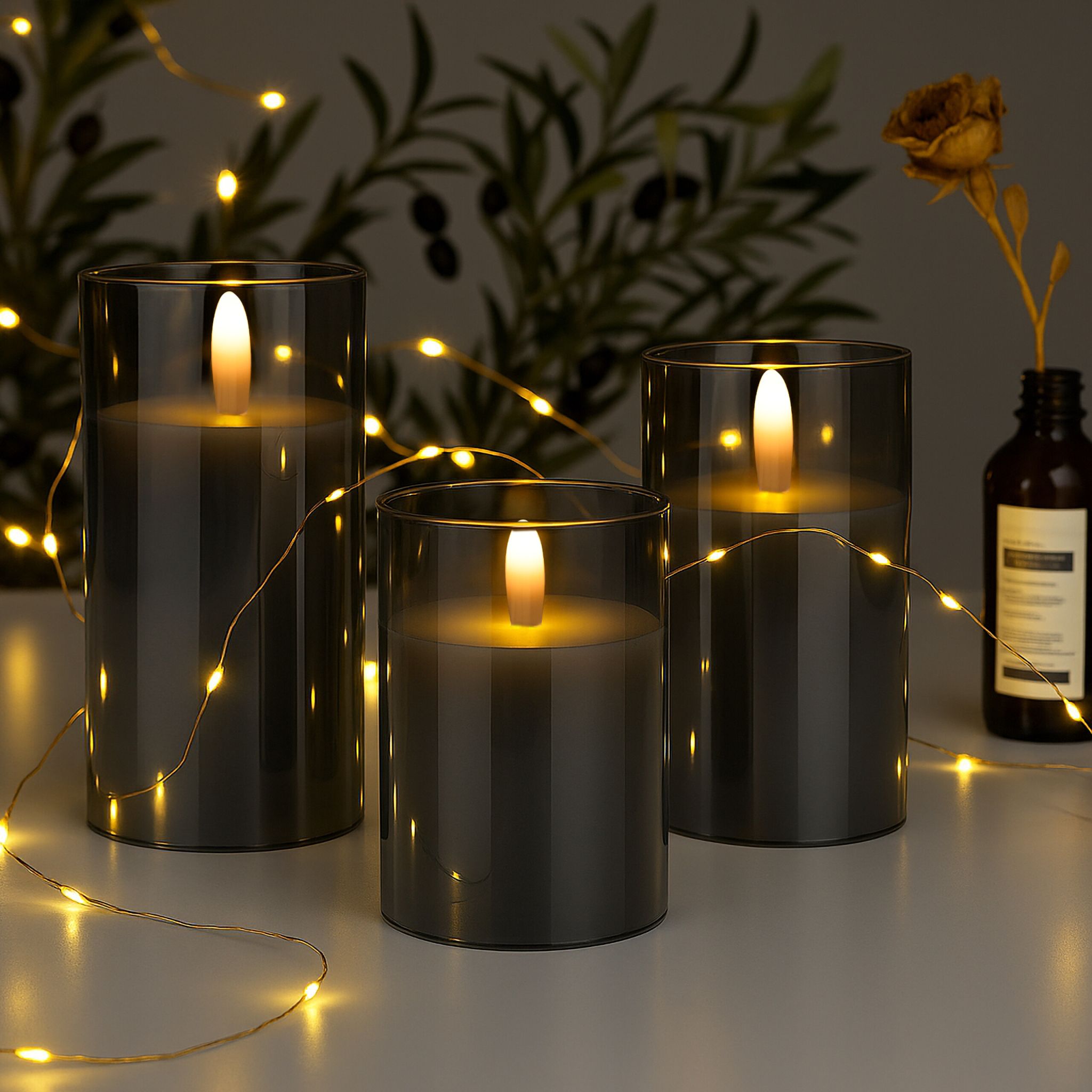 LED Kerzen Glas 3er-Set Weiss-Grau von Relaxdays