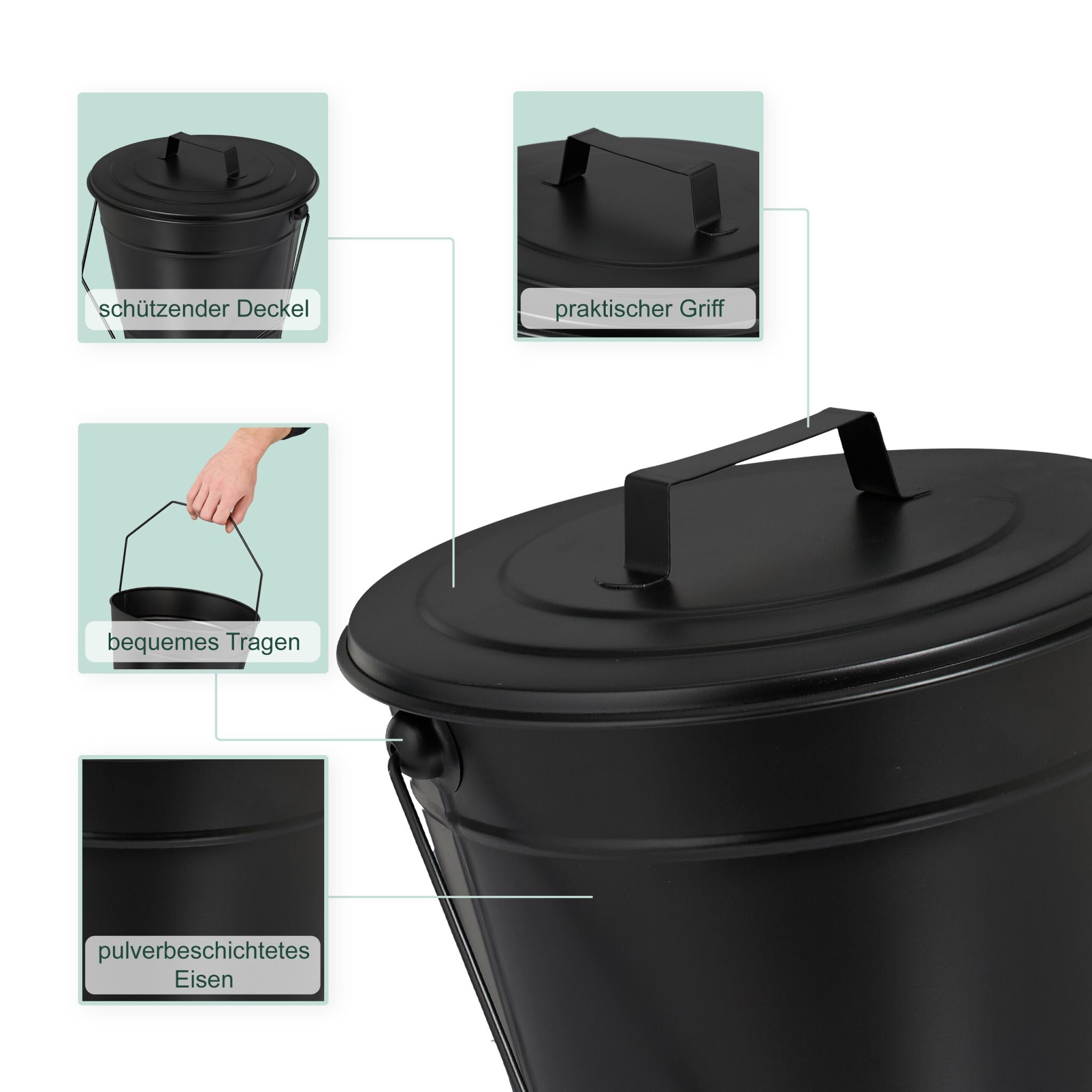 Ascheeimer mit Deckel 7L Schwarz von Relaxdays