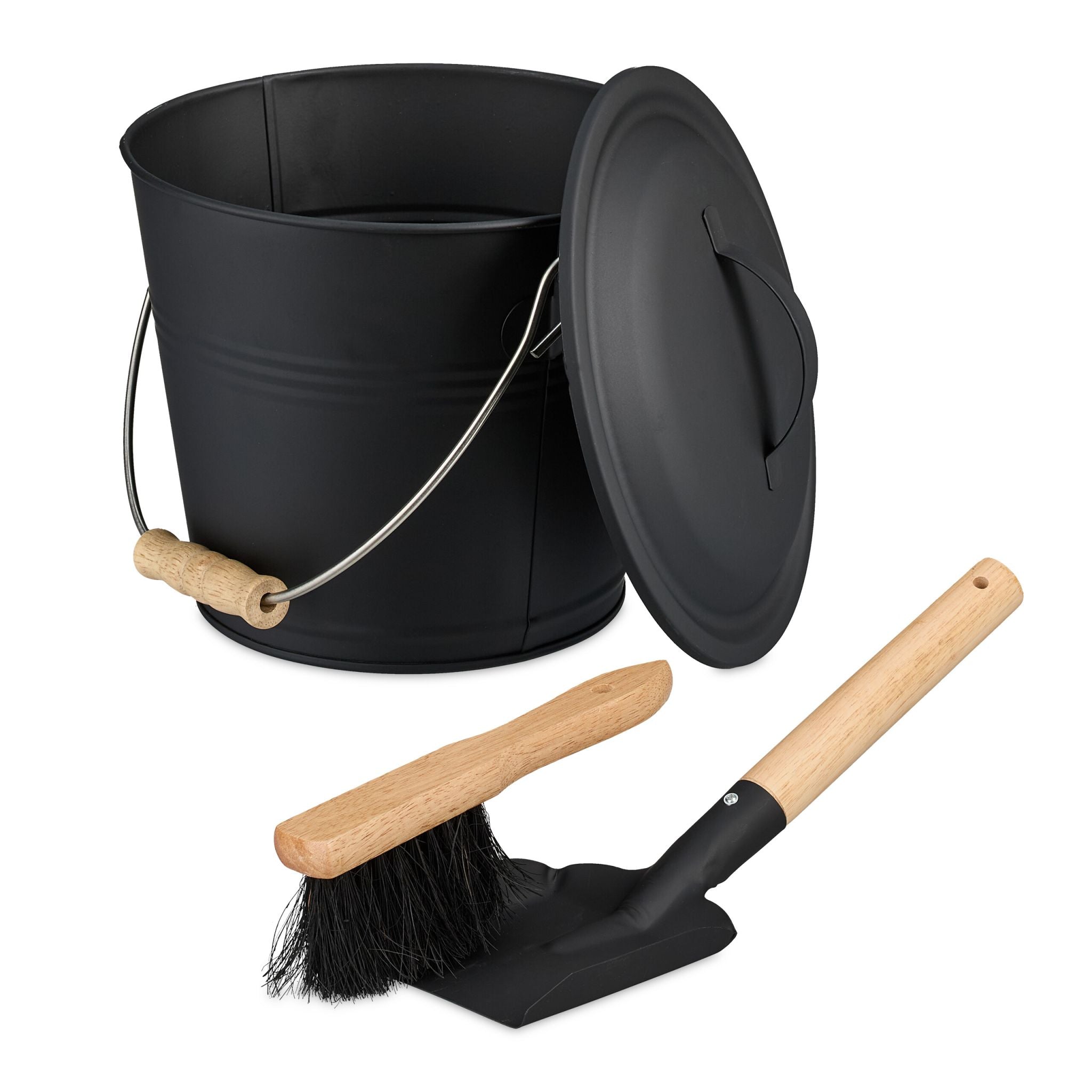 Ascheeimer mit Deckel & Kehrset 4,5L Hellbraun-Schwarz-Silber von Relaxdays