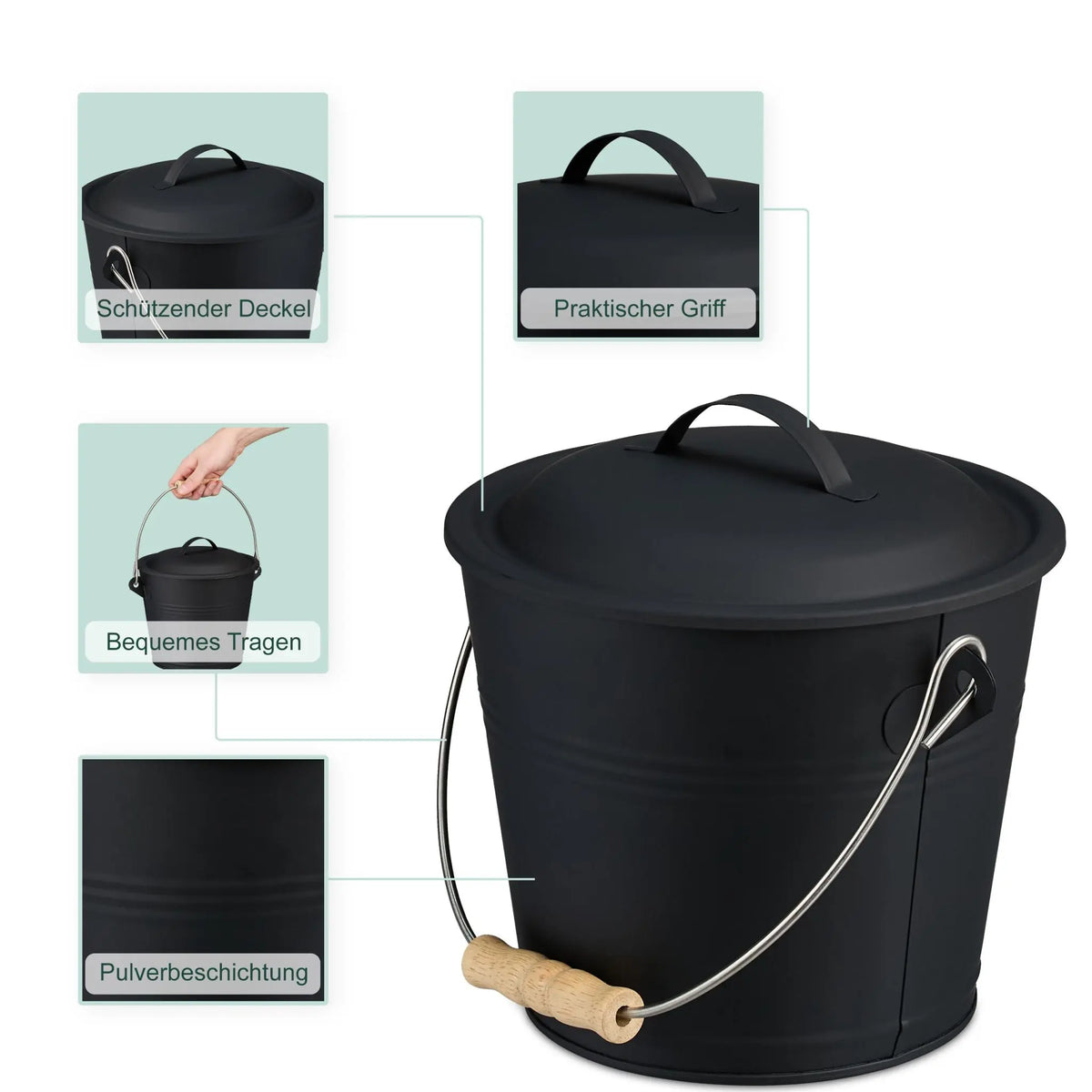 Ascheeimer mit Deckel & Kehrset 4,5L Hellbraun-Schwarz-Silber von Relaxdays