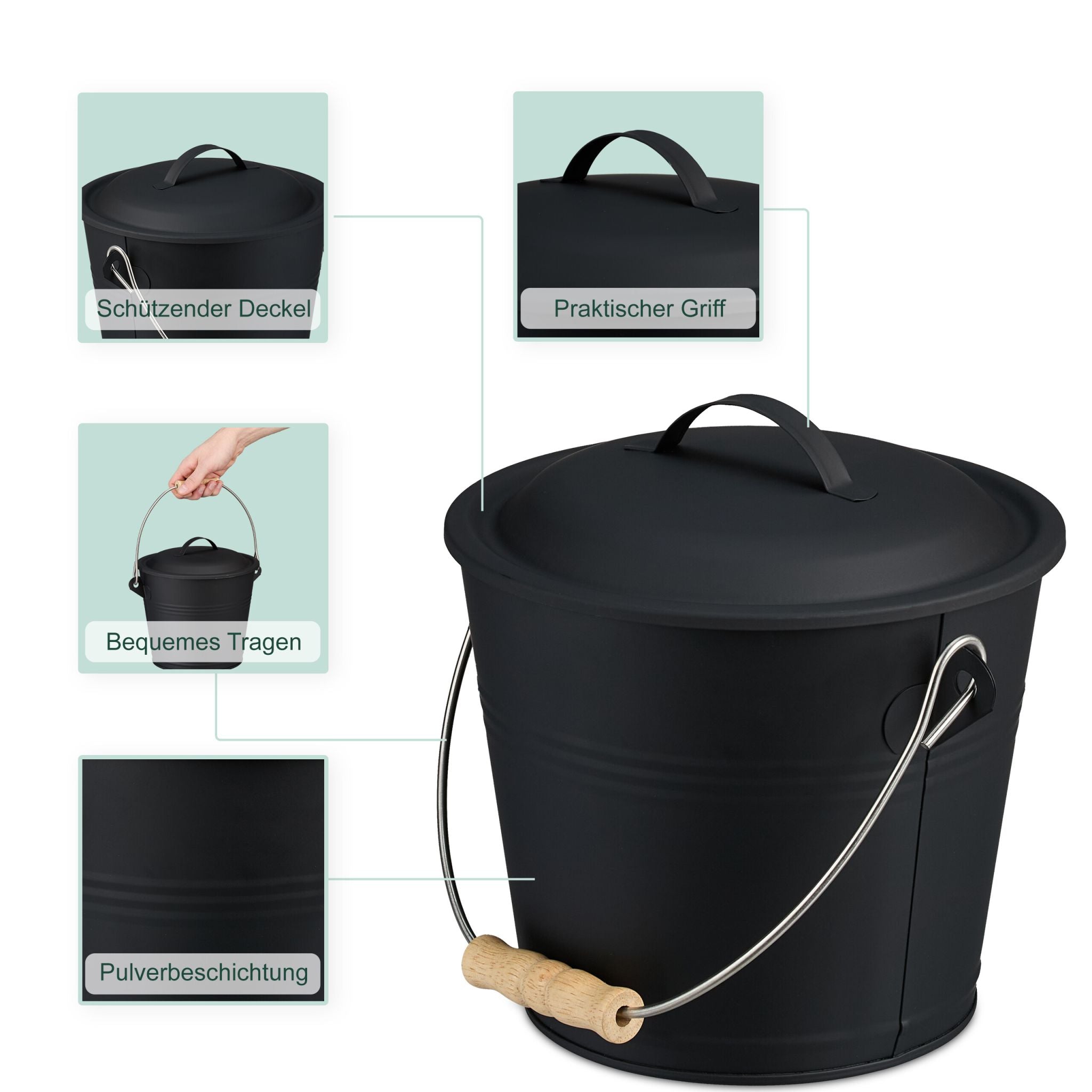 Ascheeimer mit Deckel & Kehrset 4,5L Hellbraun-Schwarz-Silber von Relaxdays