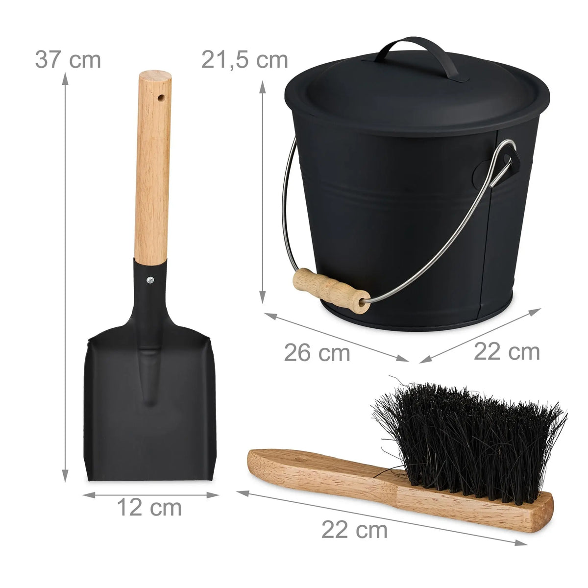 Ascheeimer mit Deckel & Kehrset 4,5L Hellbraun-Schwarz-Silber von Relaxdays