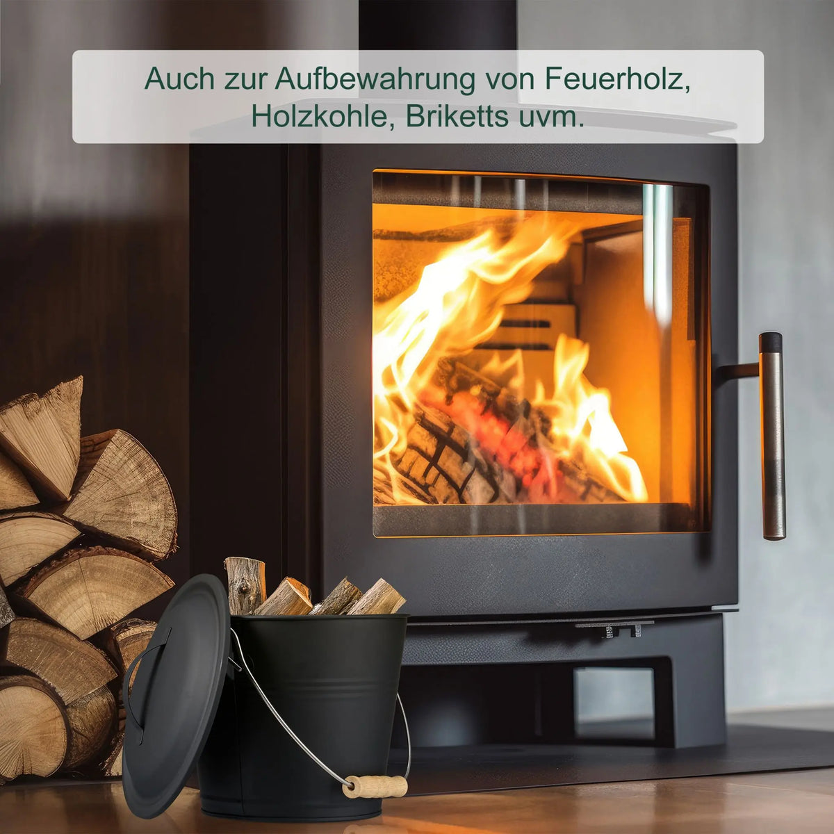 Ascheeimer mit Deckel & Kehrset 4,5L Hellbraun-Schwarz-Silber von Relaxdays