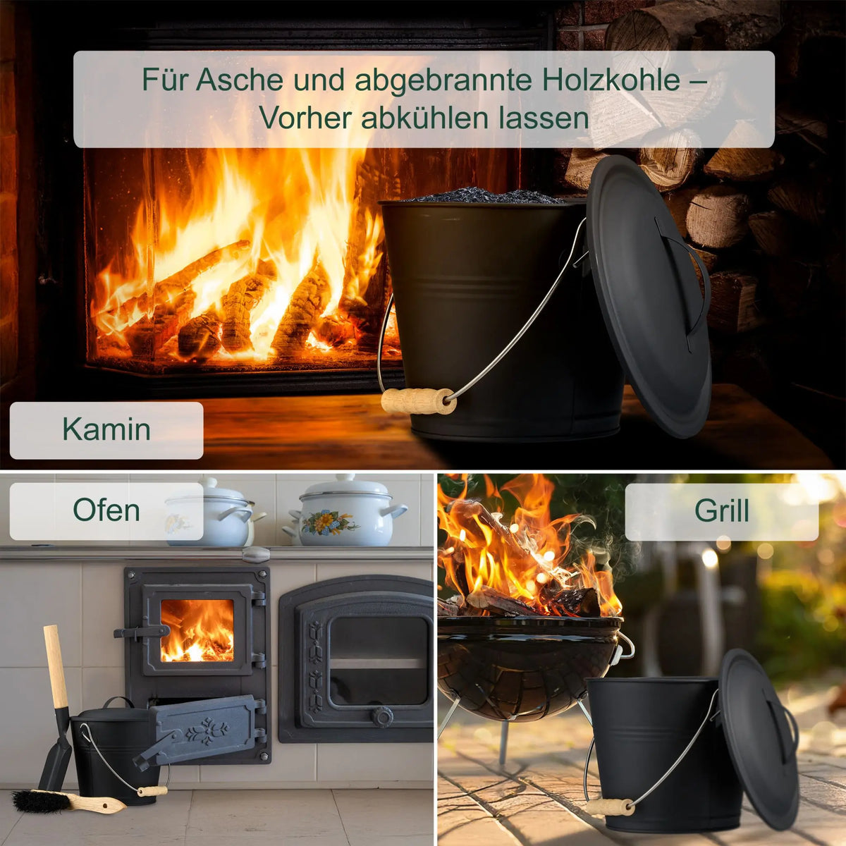 Ascheeimer mit Deckel & Kehrset 4,5L Hellbraun-Schwarz-Silber von Relaxdays