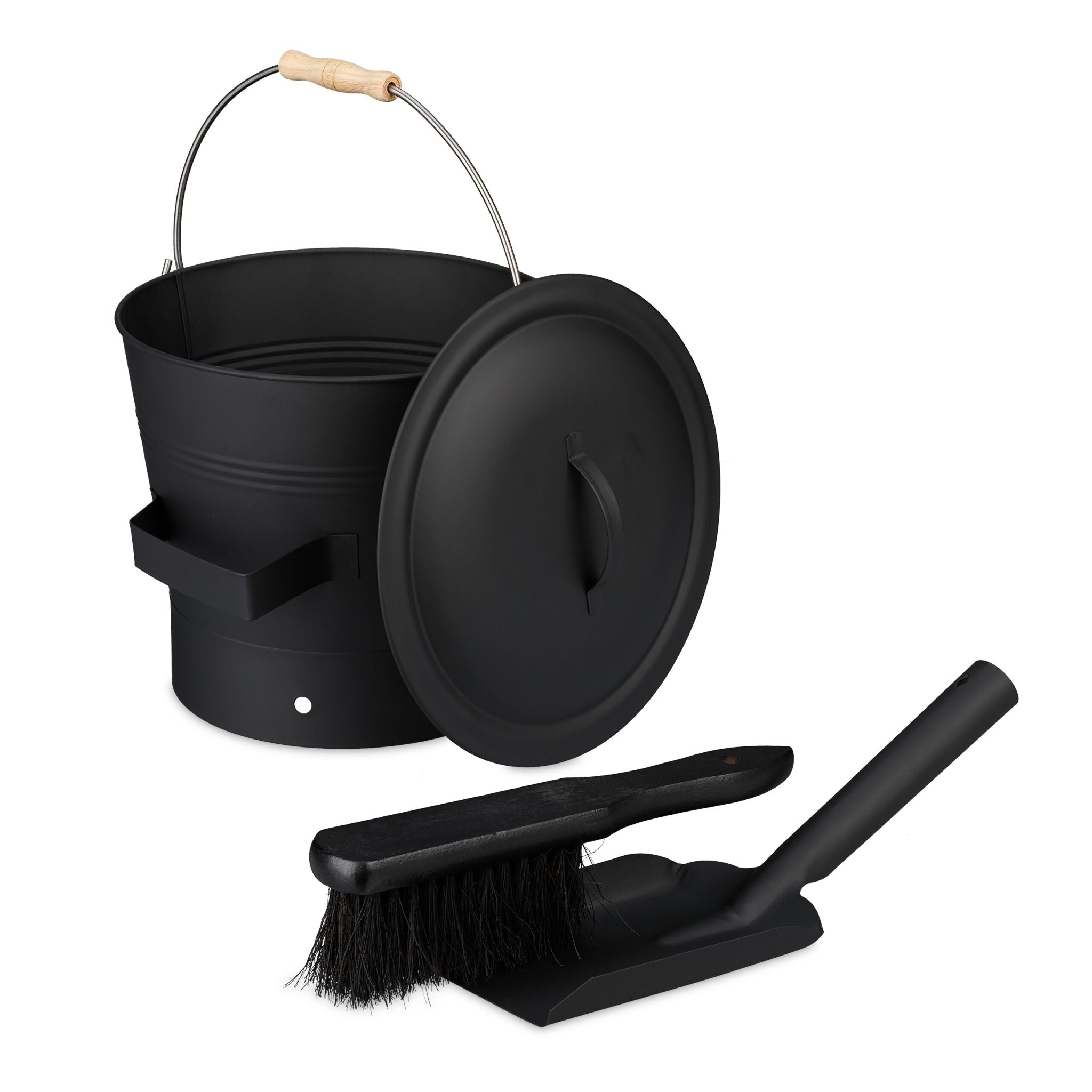 Ascheeimer mit Deckel & Kehrset 7,5L Schwarz-Silber von Relaxdays