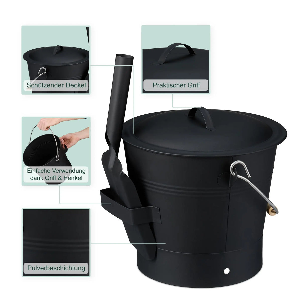 Ascheeimer mit Deckel & Kehrset 7,5L Schwarz-Silber von Relaxdays