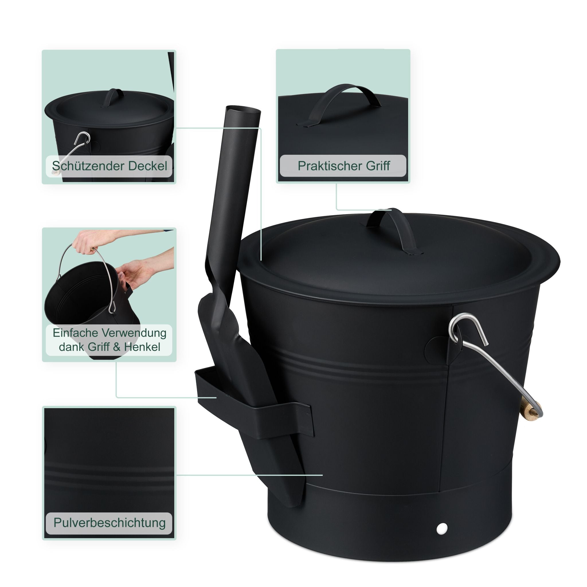 Ascheeimer mit Deckel & Kehrset 7,5L Schwarz-Silber von Relaxdays