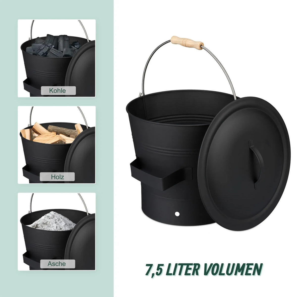 Ascheeimer mit Deckel & Kehrset 7,5L Schwarz-Silber von Relaxdays