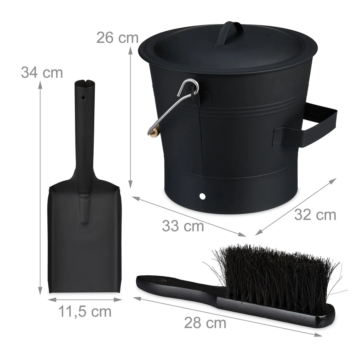 Ascheeimer mit Deckel & Kehrset 7,5L Schwarz-Silber von Relaxdays