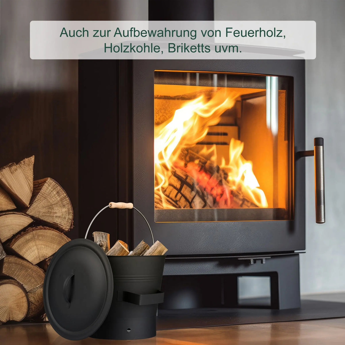 Ascheeimer mit Deckel & Kehrset 7,5L Schwarz-Silber von Relaxdays