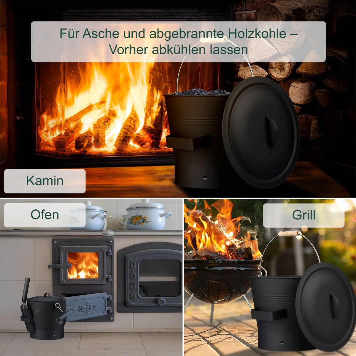 Ascheeimer mit Deckel & Kehrset 7,5L Schwarz-Silber von Relaxdays
