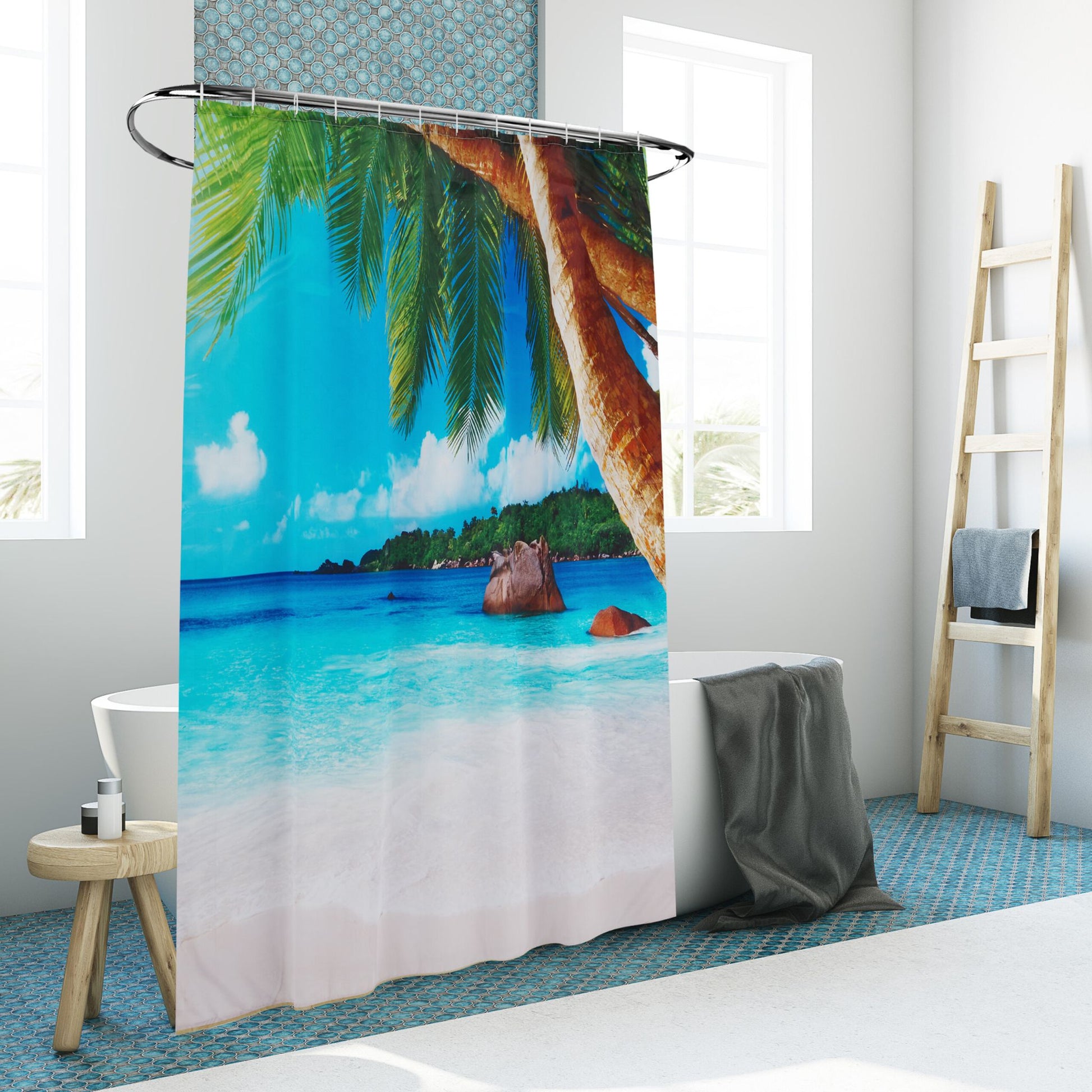 Duschvorhang 180x200cm Beige-Blau-Dunkelgrün von guteszeug.ch