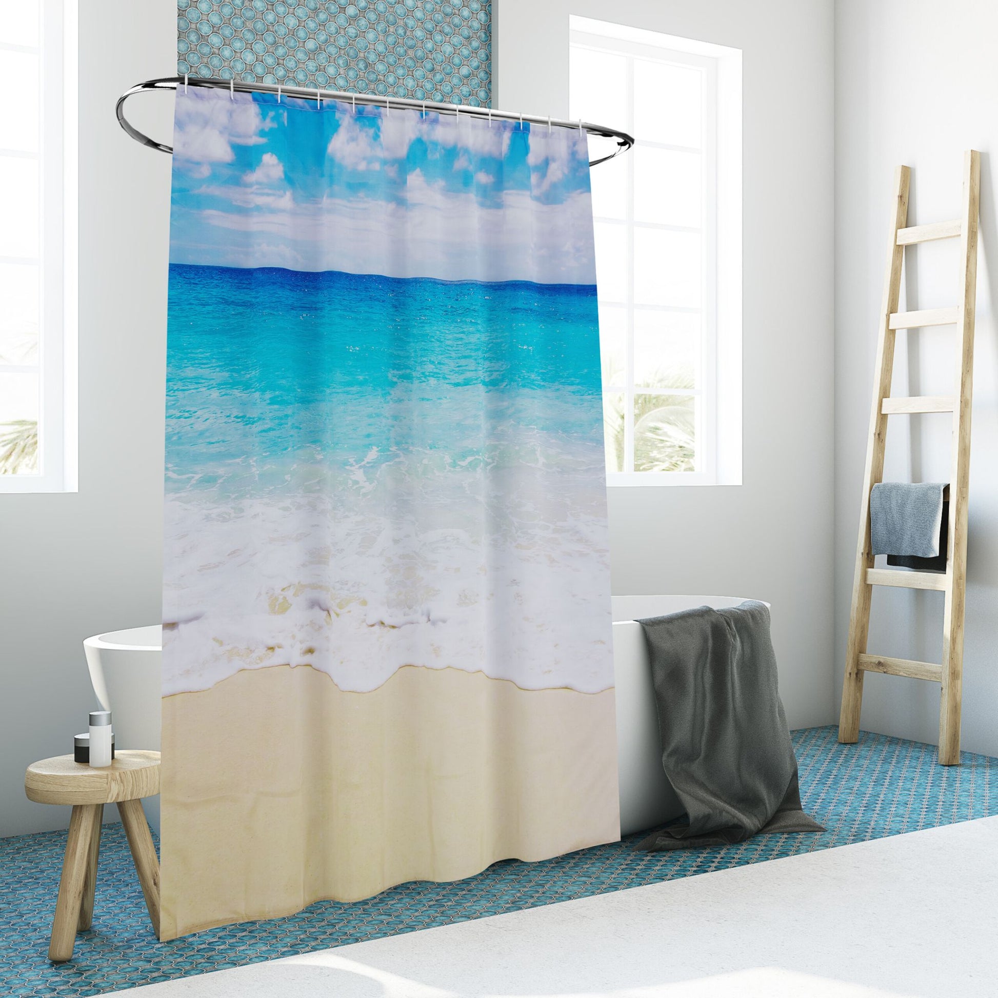 Duschvorhang 180x200cm Beige-Weiss-Hellblau von guteszeug.ch