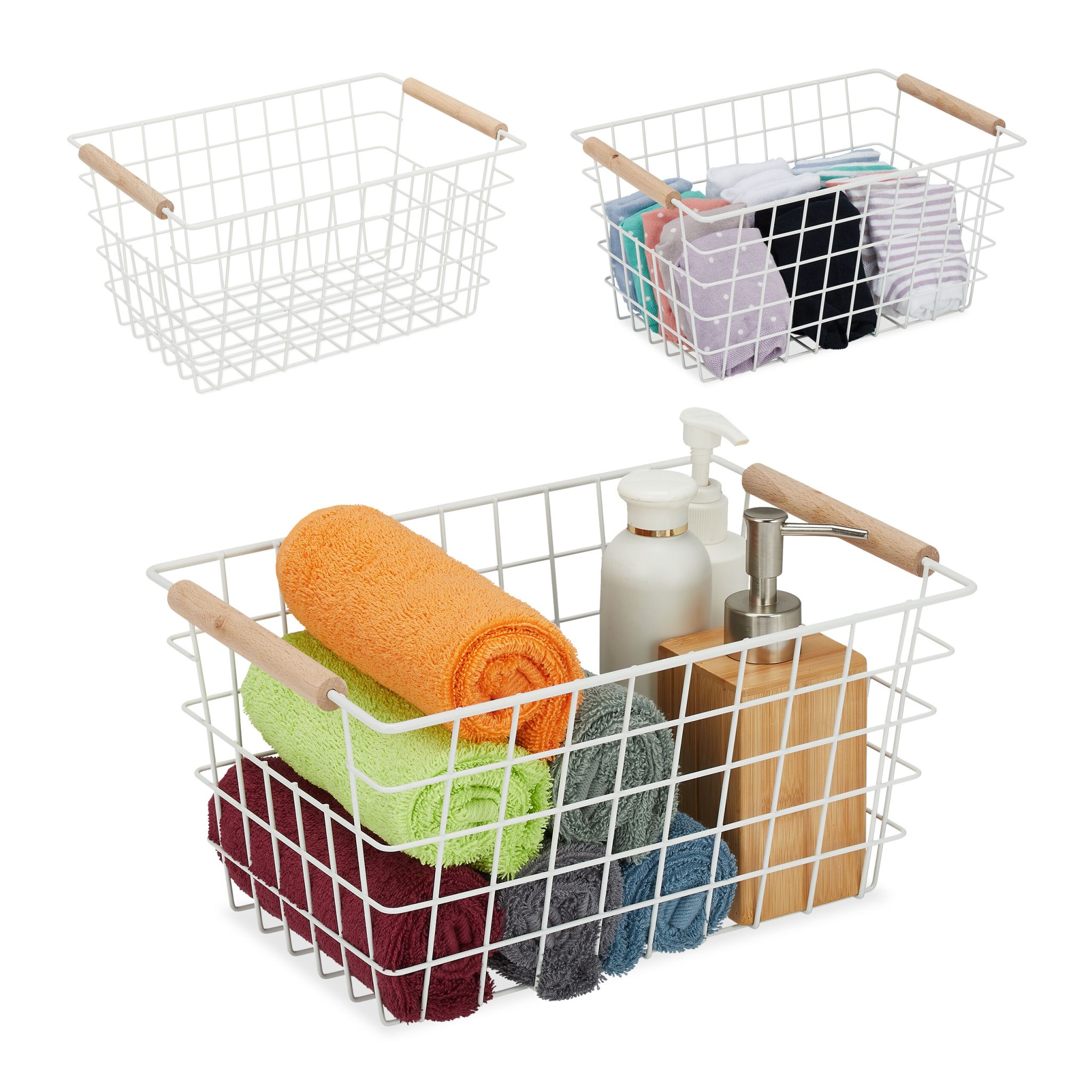 Drahtkorb mit Holzgriffen 3er-Set Weiss-Hellbraun von Relaxdays