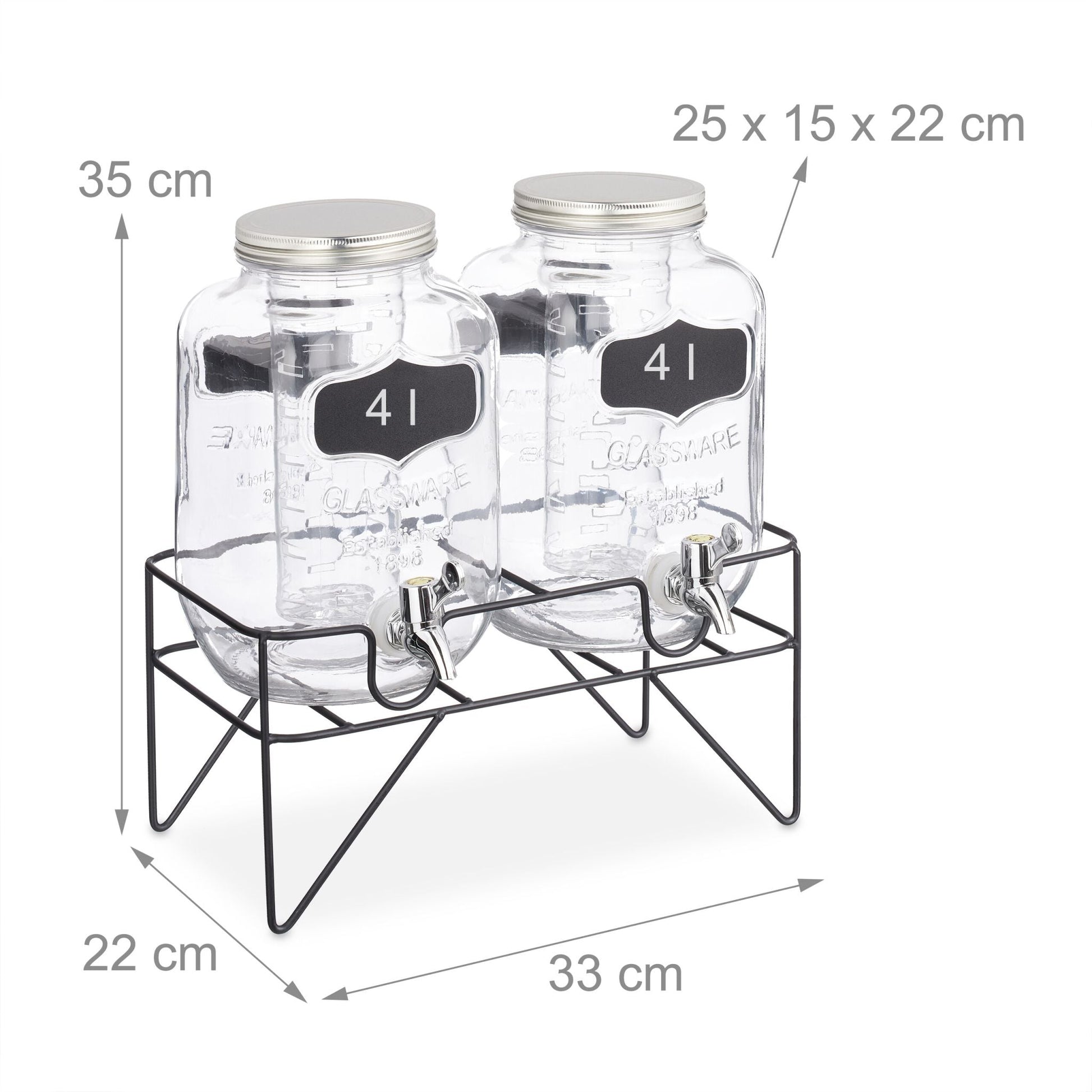 Getränkespender 4L mit Ständer 2er-Set Schwarz-Silber-Transparent von Relaxdays