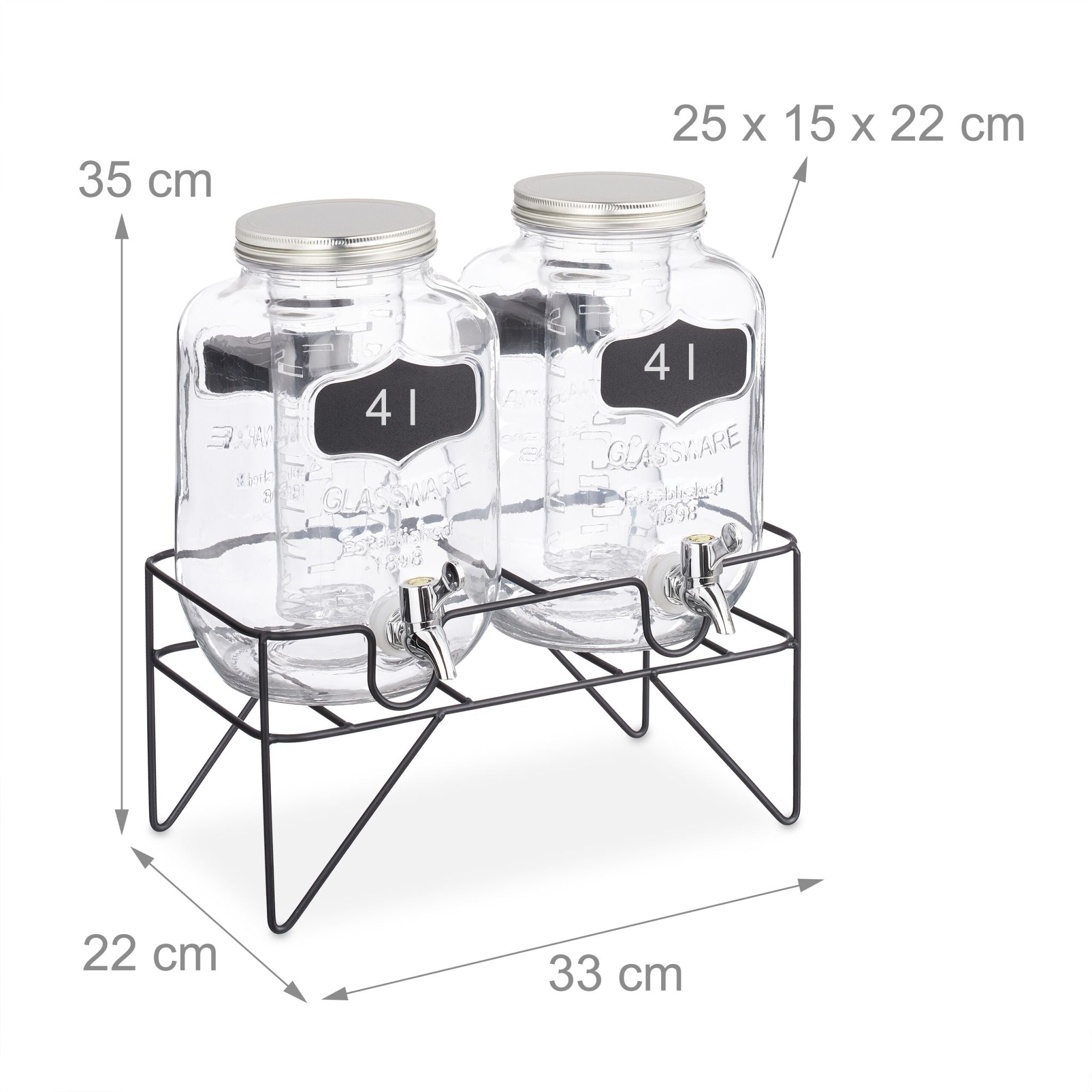 Getränkespender 4L mit Ständer 2er-Set Schwarz-Silber-Transparent von Relaxdays