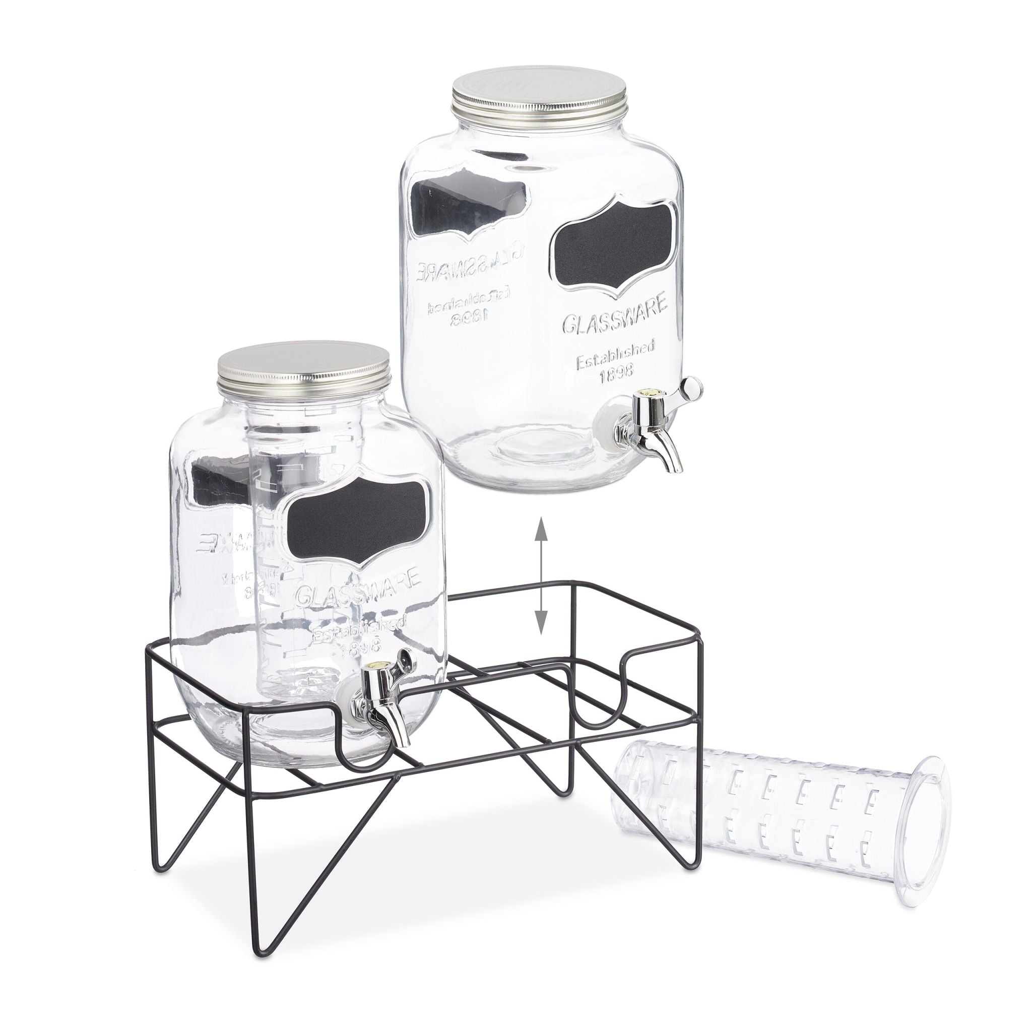 Getränkespender 4L mit Ständer 2er-Set Schwarz-Silber-Transparent von Relaxdays